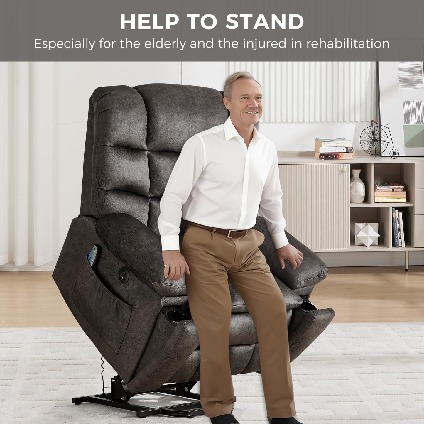 IOMOR Large Power Lift Recliner with Massage and Heat for Elderly, Heavy Duty & Safety Motion Reclining Mechanism, Ergonomic Electric Wider Chair with USB Port, 2 Hidden Cup Holders (1, Brown)