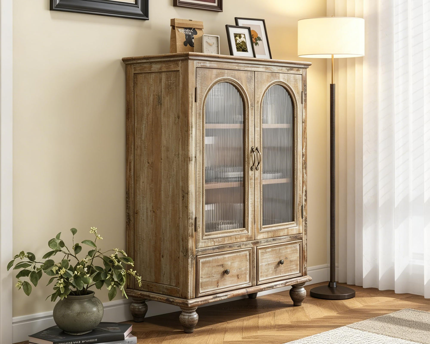 LKTART 60" Farmhouse Sideboard Buffet,Solid Fir Wood Frame with Hollowed-Out Carved Doors,Hand-Distressed Design,Versatile Storage Cabinet for Kitchen, Living Room,Natural Wood