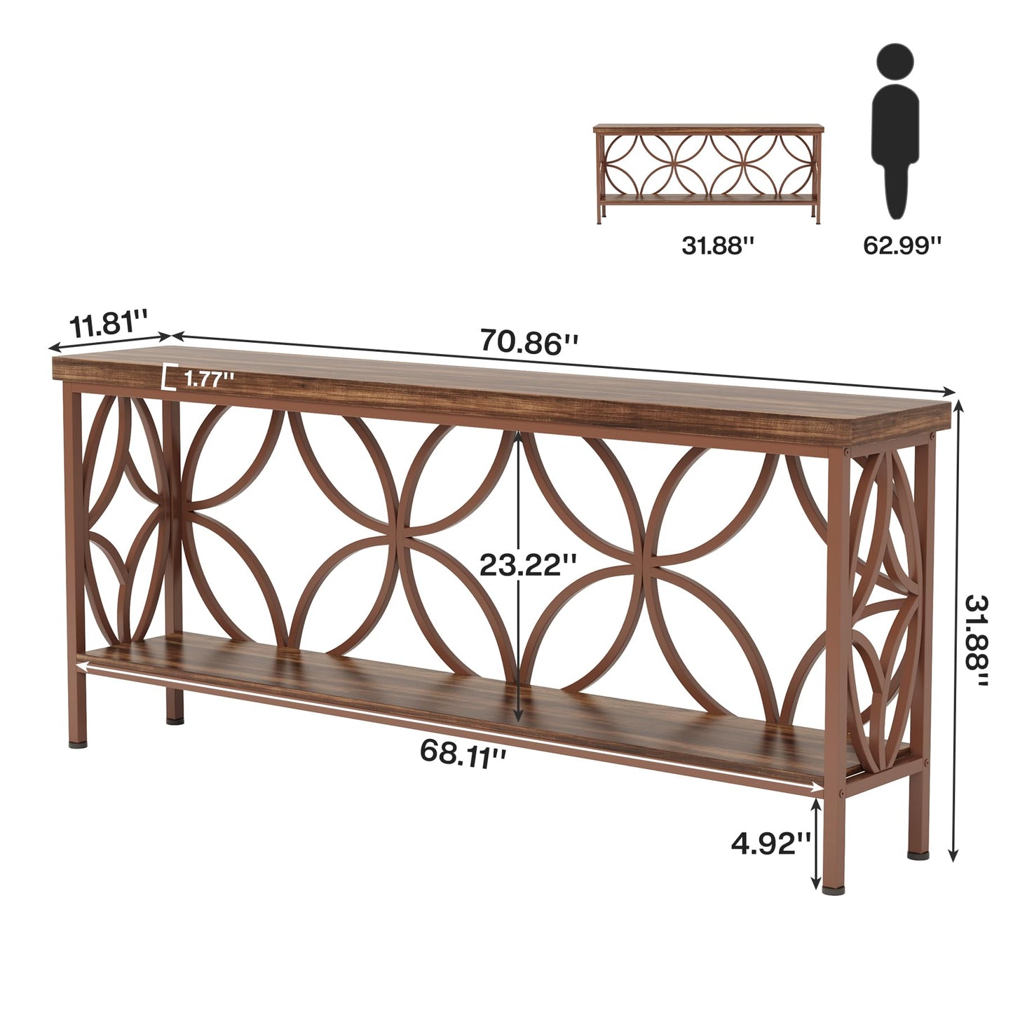 Tribesigns 70.9-Inch Narrow Sofa Table, Industrial Long Sofa Table Behind Couch, Entry Console Table with Storage for Entryway, Living Room, Foyer, Unique Design, Rustic Brown