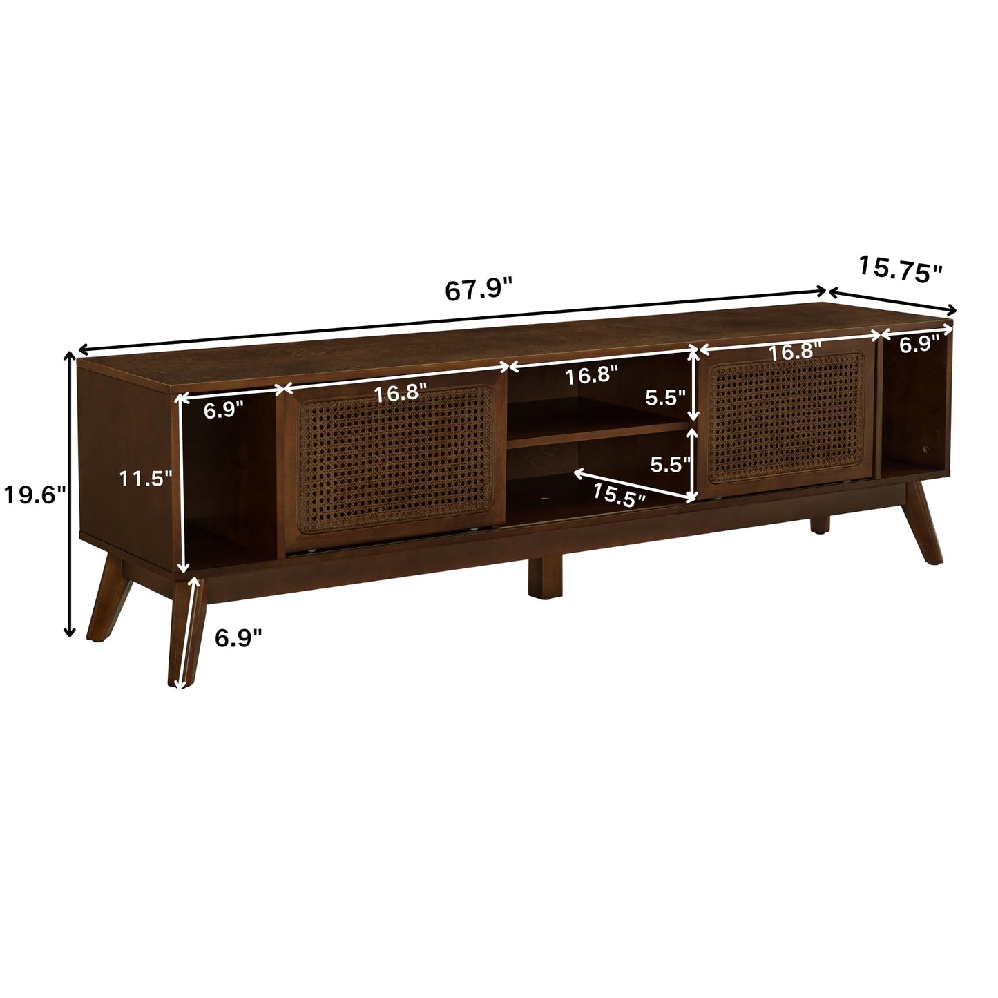 LKTART Mid Century Modern Rattan TV Stand for 65 Inch TV,59" Boho Media Console with Sliding Doors & Open Shelves,Solid Wood Legs for Living Room,Light Walnut