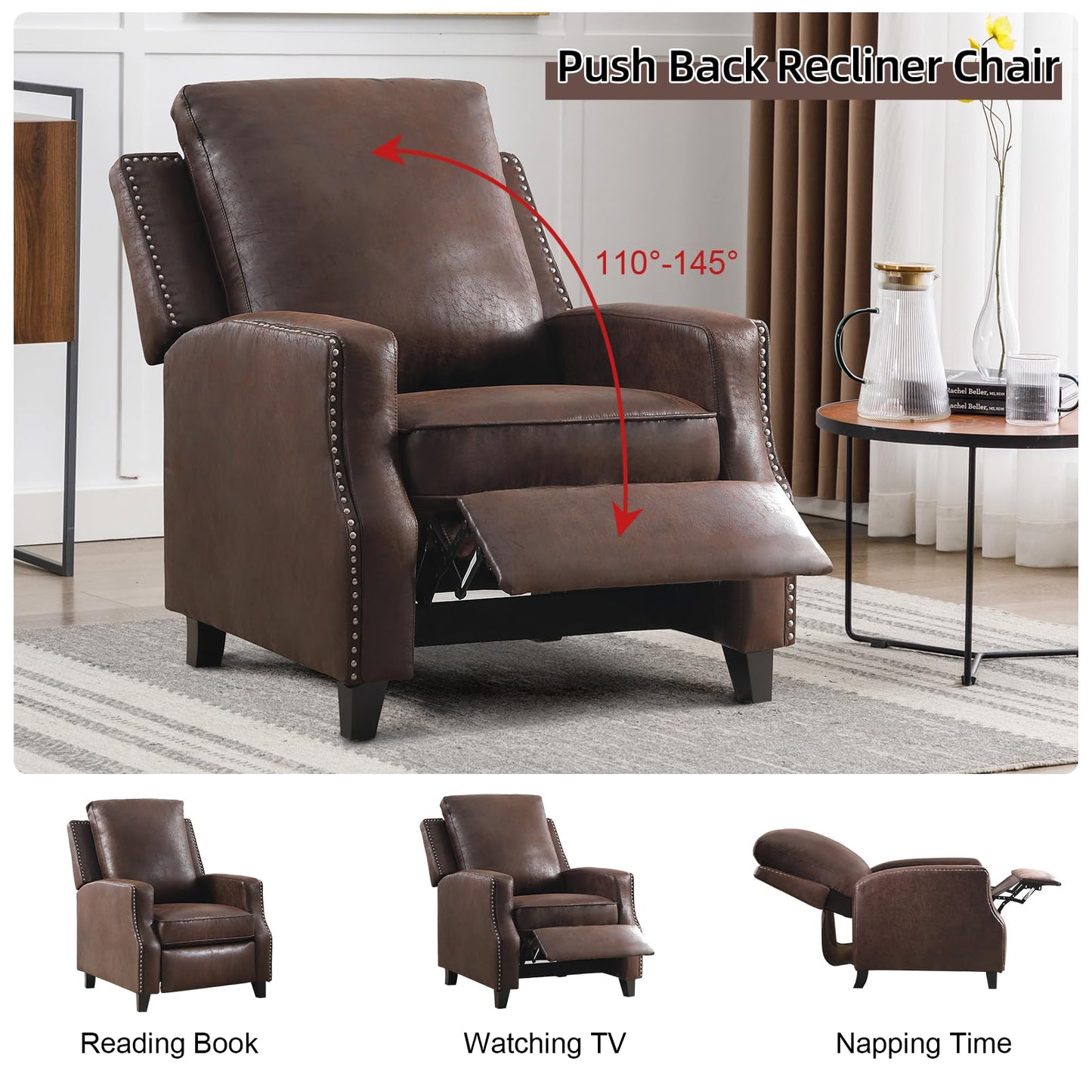 IOMOR Push Back Recliner Chair Faux Leather Lounge Armchair with Rivet Decoration Wingback Single Sofa Chair with Padded Seat Solid Wood Legs for Living Room, Comfy Upholstered, Red Brown