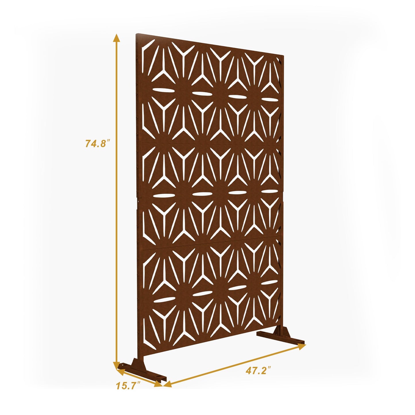 Outdoor Metal Privacy Screen with Stand, 72" H x 47" W Freestanding Outdoor Patio Divider, Decorative Patio Privacy Fence Panel for Garden Backyard Balcony Porch (Brown-Crossbanding)