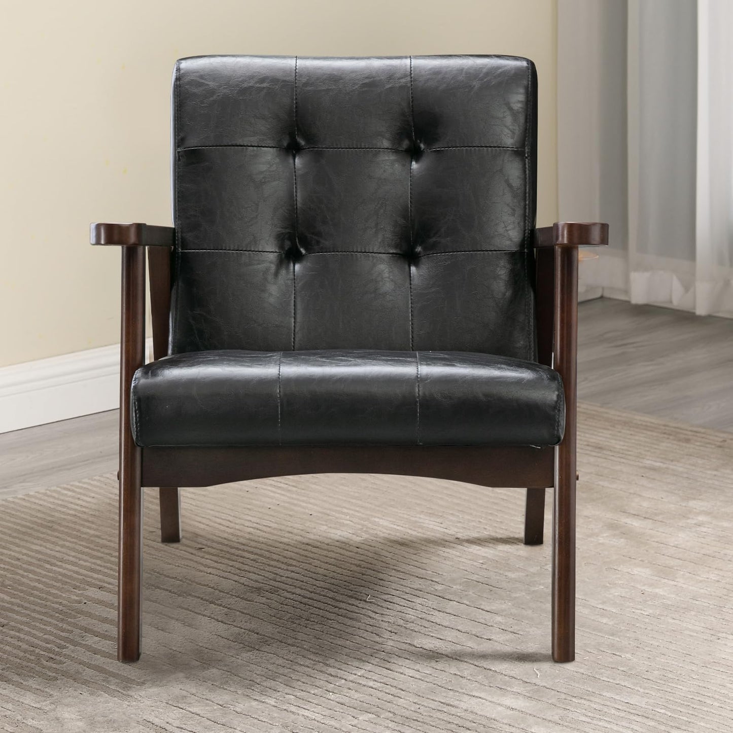 IOMOR Accent Chair Mid Century Modern Chair for Living Room, Comfy Faux Leather Armchair with Solid Wood Frame Soft Thick Padded, Side Chairs Easy Assembly (1, Brown)