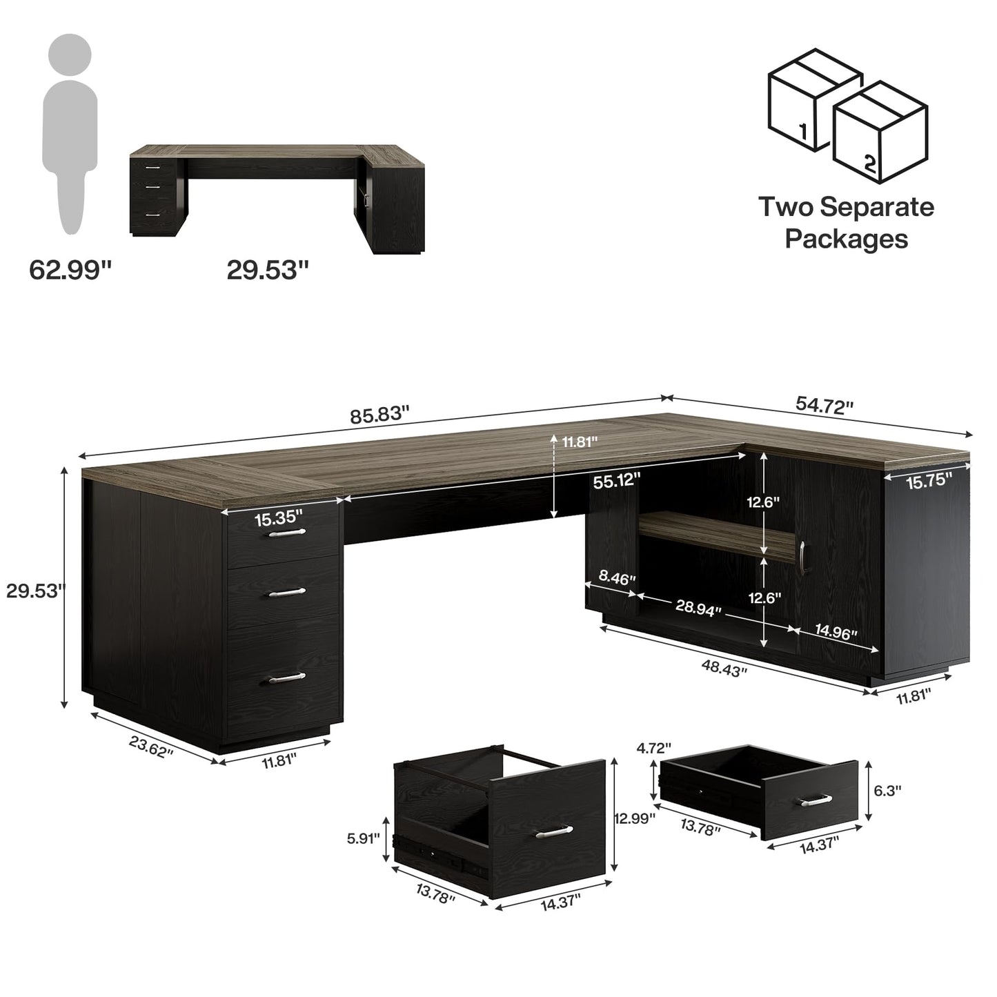 Tribesigns 85.8-Inch L-Shaped Executive Desk with File Drawers, Door Cabinet & Shelves, Extra Large Commercial Office Desk, Modern Professional Office Table, Business Furniture, Warm Brown & Black