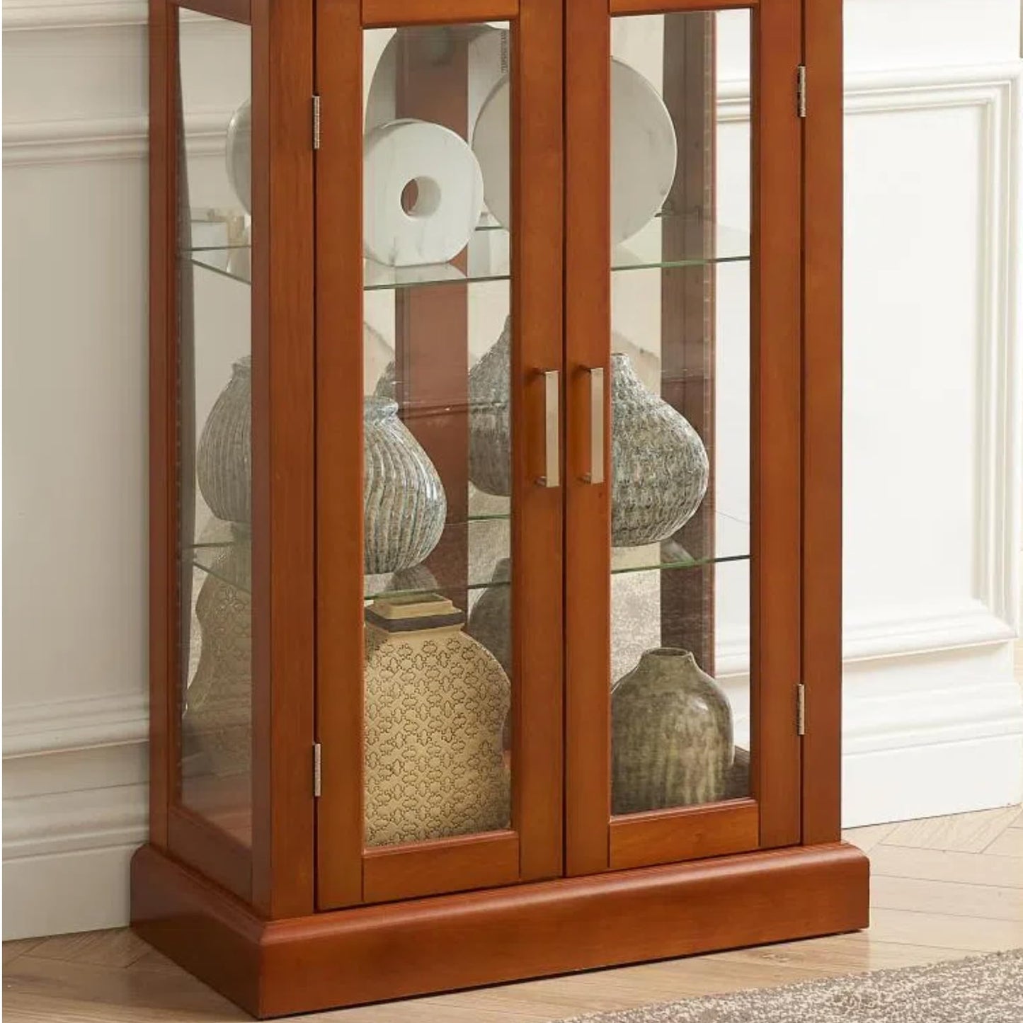 LKTART Curio Glass Display Cabinet with Lighted and Mirrored Back Panel,China Cabinets with Glass Doors,Tall Storage Cabinets with Adjustable Shelves for Curio Collectibles Storage(Cherry)