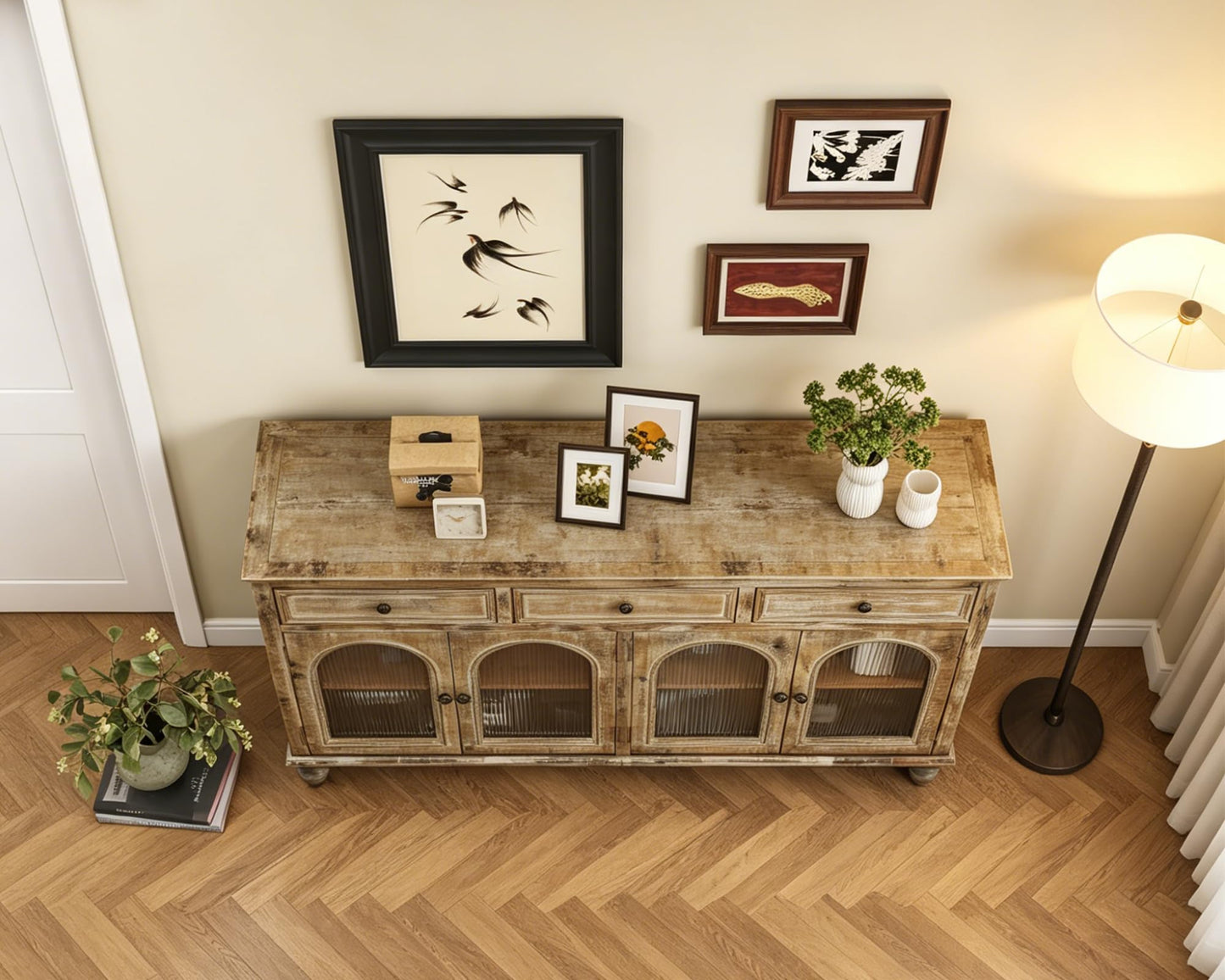 LKTART 60" Farmhouse Sideboard Buffet,Solid Fir Wood Frame with Hollowed-Out Carved Doors,Hand-Distressed Design,Versatile Storage Cabinet for Kitchen, Living Room,Natural Wood