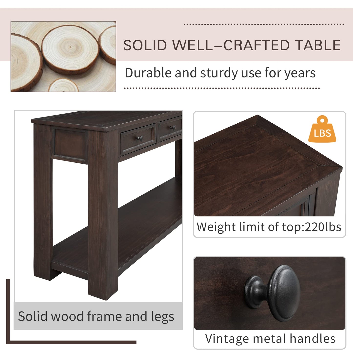 LKTART 63" Solid Wood Console Table Sofa Table with Storage Drawers and Bottom Shelf,Farmhouse Entryway Table for Hallway Foyer,Living Room,Easy Assembled (63" Espresso)