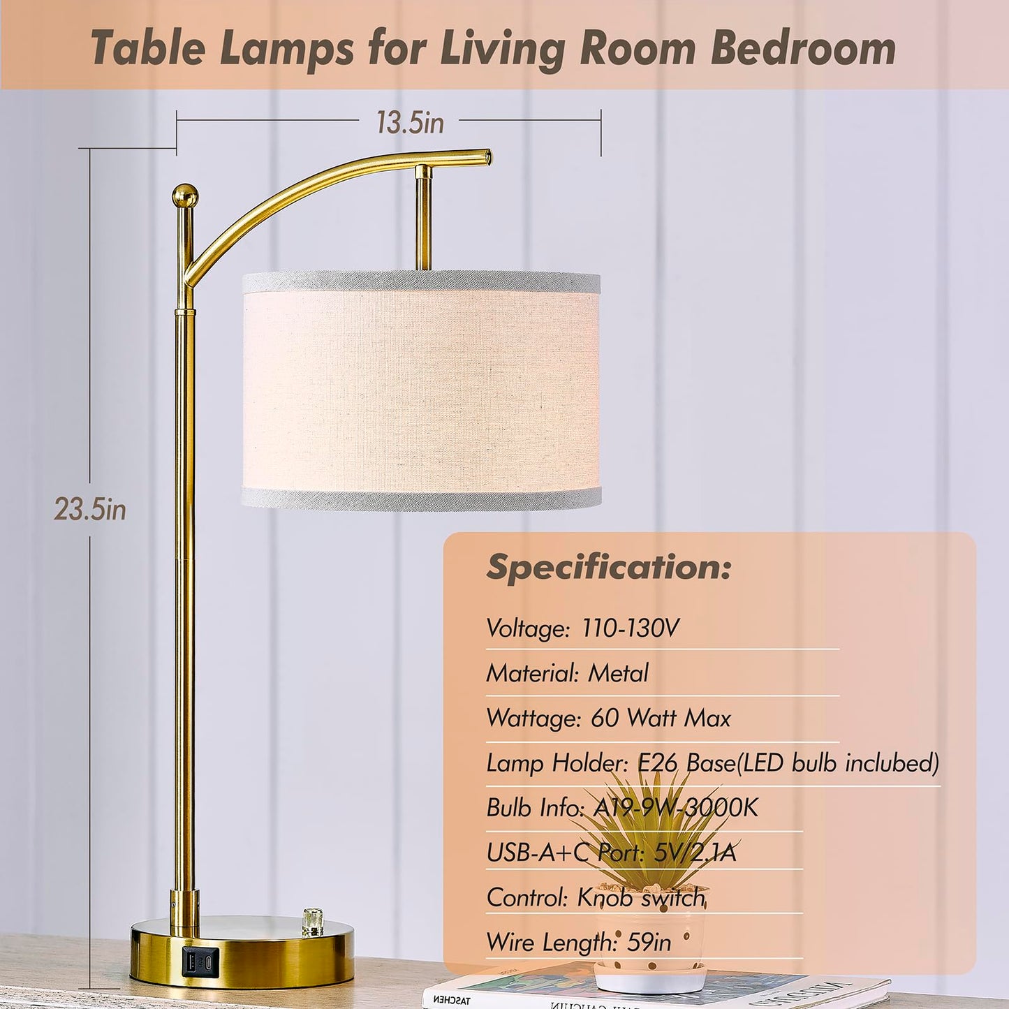 Table Lamp for Living Room Bedroom, 23.5" Table Lamps Set of 2 with USB C+A Ports, Bedside Lamps for Nightstand with Linen Lamp Shades, 2 Dimmable LED Bulbs Included, Black
