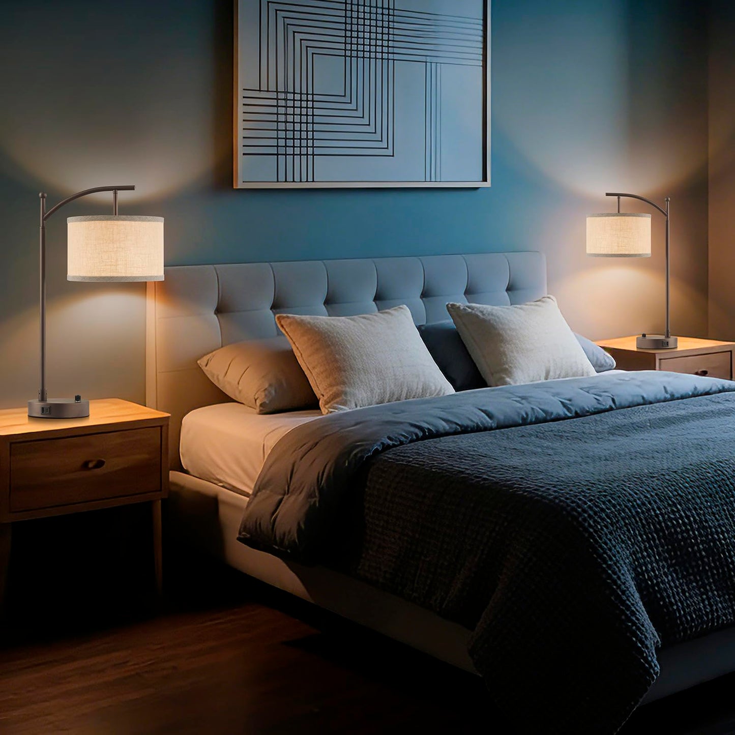 Table Lamp for Living Room Bedroom, 23.5" Table Lamps Set of 2 with USB C+A Ports, Bedside Lamps for Nightstand with Linen Lamp Shades, 2 Dimmable LED Bulbs Included, Black