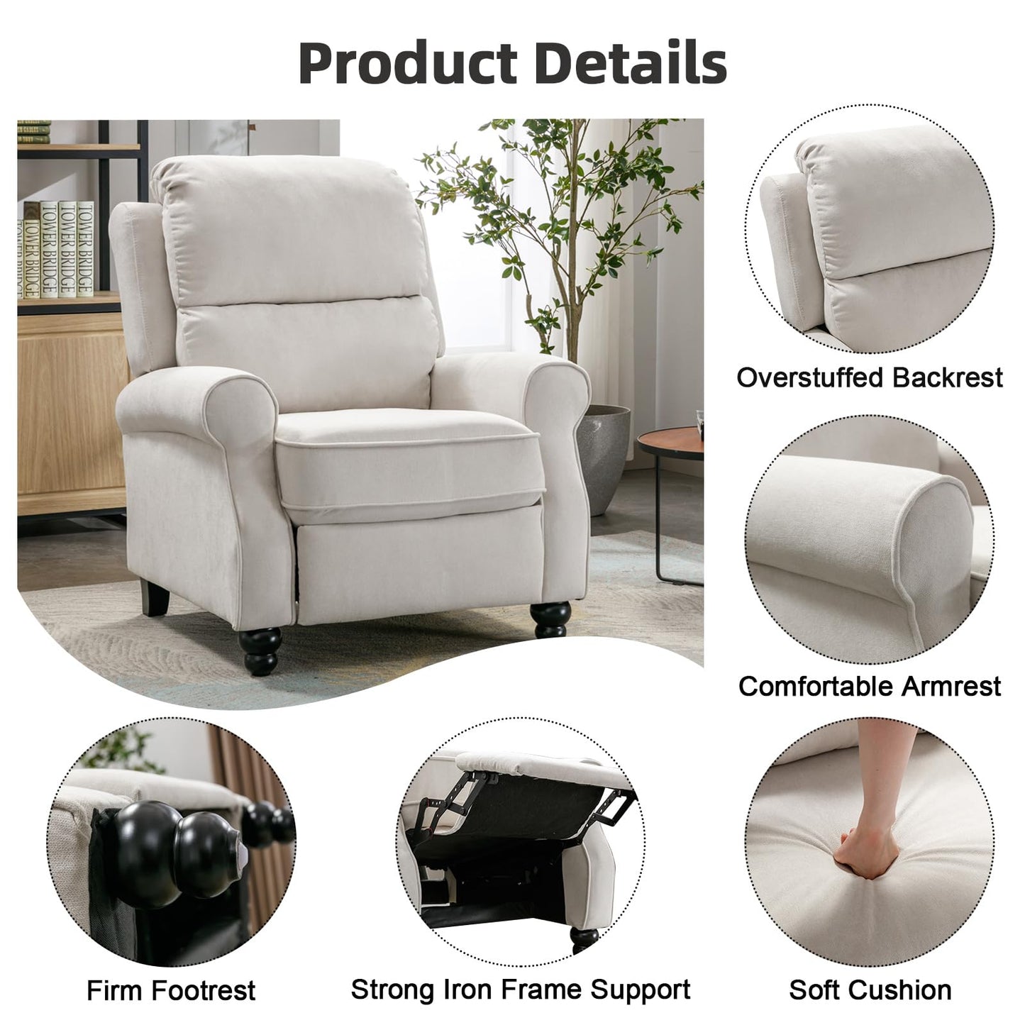 IOMOR Push Back Recliner Chair Faux Leather Lounge Armchair with Rivet Decoration Wingback Single Sofa Chair with Padded Seat Solid Wood Legs for Living Room, Comfy Upholstered, Red Brown