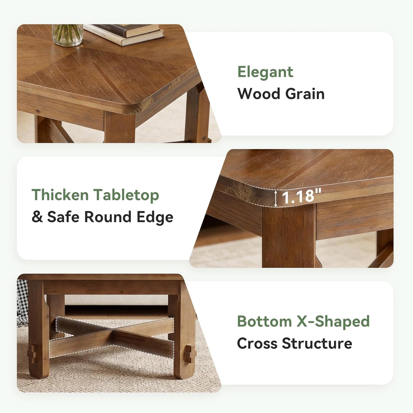 31.5" Square Coffee Table, Solid Wood Accent Center Table with Thick Tabletop and Sturdy Cross-braced Legs, Farmhouse Rustic Tea Cocktail Tables for Living Room, Apartment, Vintage Brown