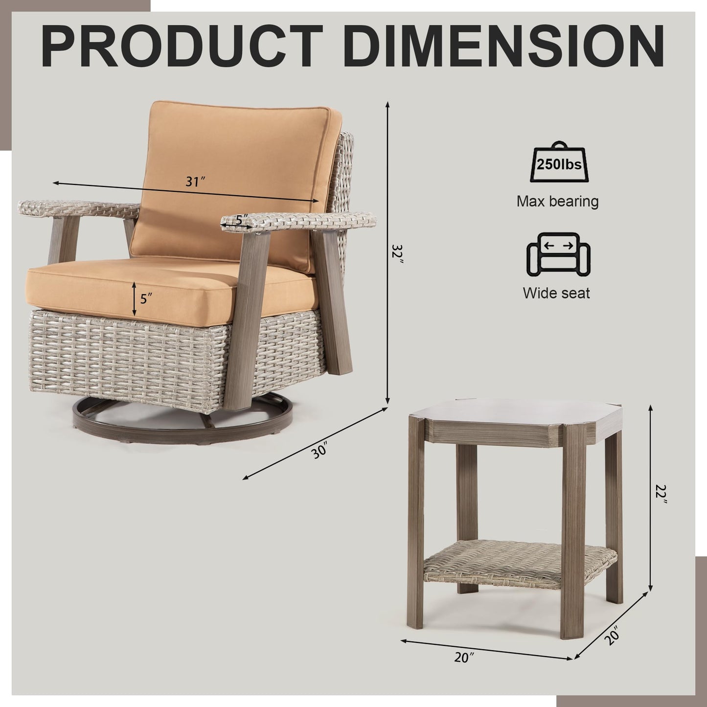 Joyside Patio Chair - Outdoor 360 Degree Swivel Rocker Chair with Durable Fabric Cushion and Ergonomic Structure, Patio Wicker Dining Chair(Grey/Dark Blue)