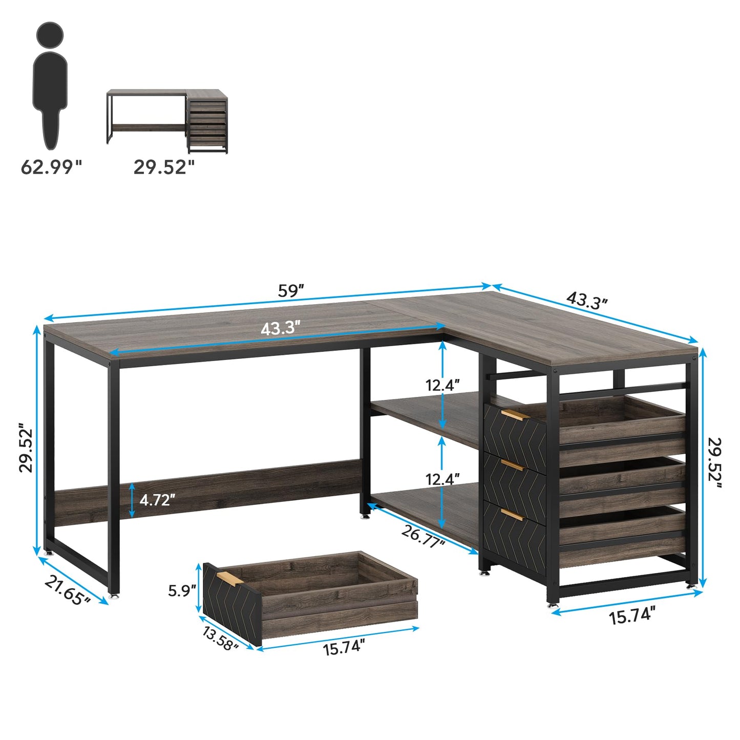 Tribesigns L Shaped Computer Desk with Storage Drawers, 59 inch Corner Desk with Shelves, Reversible L-Shaped Office Desk Study Writing Table Workstation for Home Office, Walnut & White