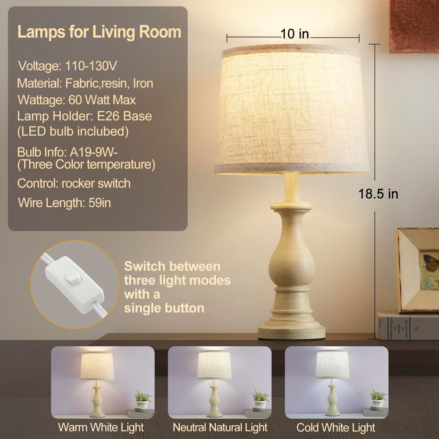 Vintage Table Lamp for Living Room Bedroom, 18.5" Farmhouse Bedside Lamps Nightstand Lamp Set of 2, Table Lamps with Oatmeal Linen Lamp Shades, 2 LED Bulbs Included