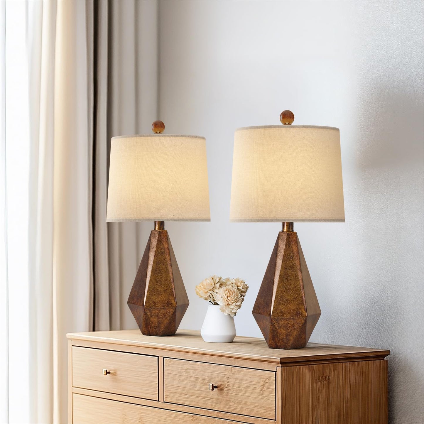 PoKat 20.25" Retro Farmhouse Table Lamp Set of 2 - Living Room & Bedroom Rustic Linen Bedside Nightstand Lamps for Kids, Study, Office - Resin, Suitable for Small Places
