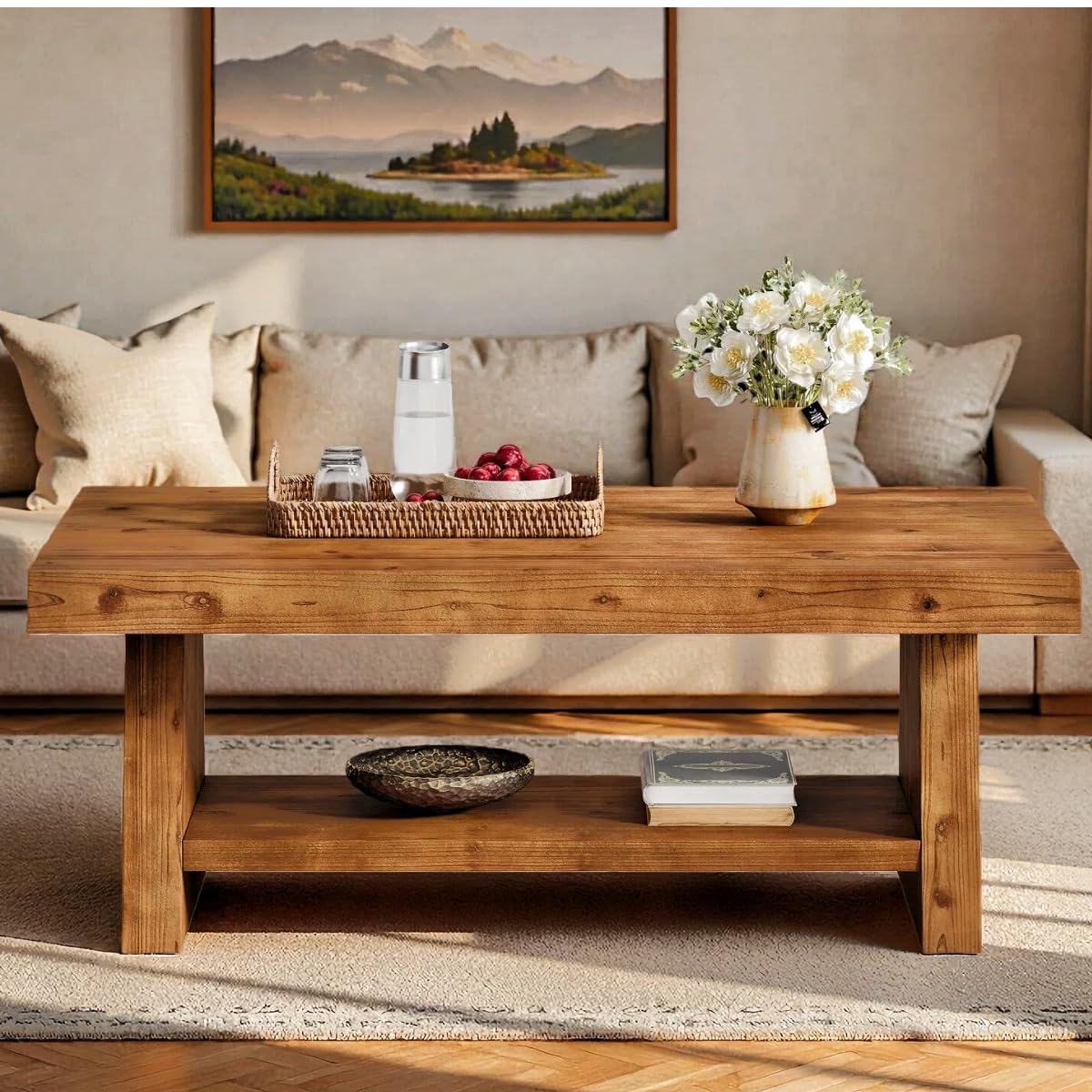 Solid Wood Coffee Table, 47-Inch Farmhouse Wooden Coffee Table for Living Room, 2-Tier Rectangular Center Table with Storage for Apartment, Home Office, Dark Brown