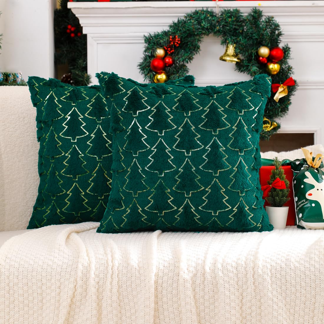 VAKADO Christmas Throw Pillow Covers 18x18 Set of 2 Embroidered Decorative Xmas Couch Cushion Cases Holiday Soft Home Decor for Bedroom Sofa Chair Porch Winter, Cream