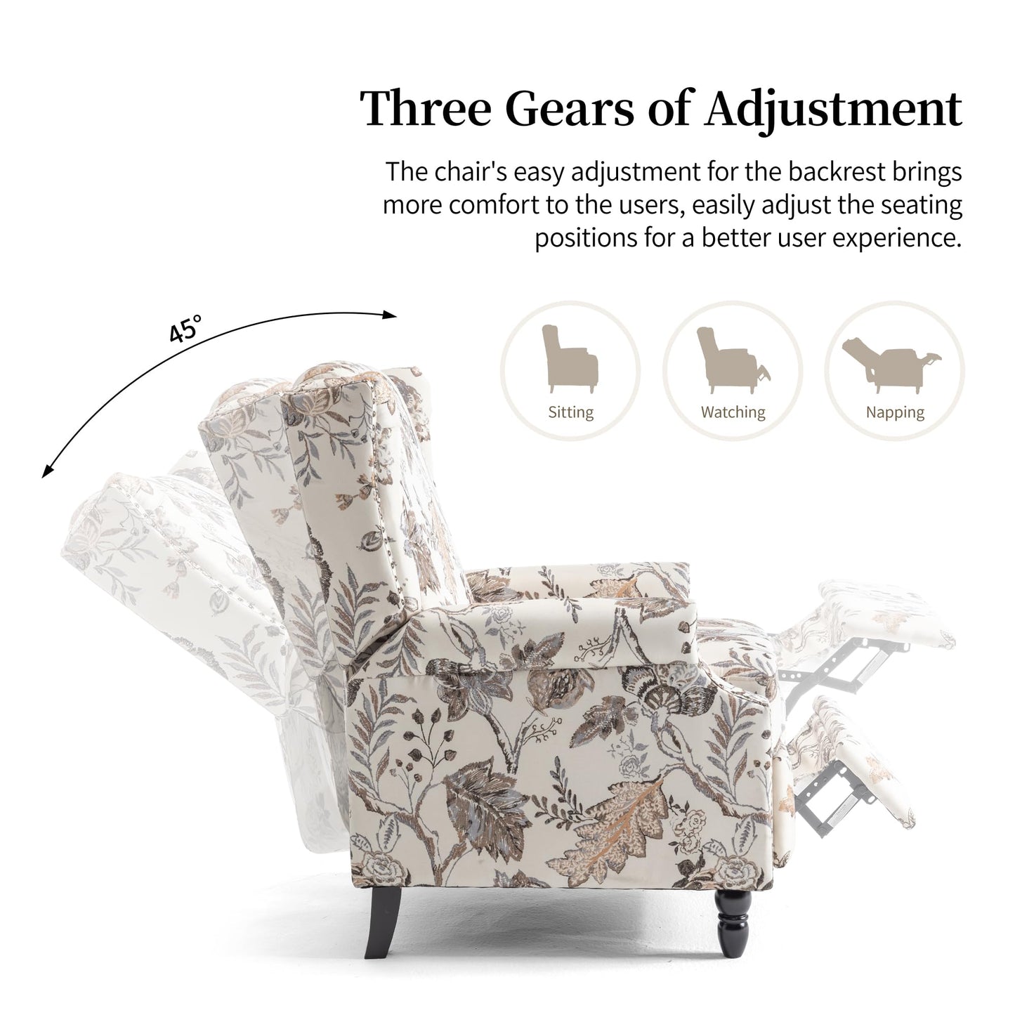 Pushback Recliner Chair, Printed Fabric Wingback Recliner Chair for Living Room, Upholstered Armchair Push Back Recliner with Wood Legs, Rivet Trim Wingback Accent Chair for Bedroom, Navy