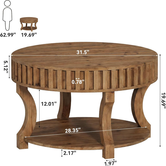 31.5 Inch Round Coffee Table, Farmhouse 2-Tier Center Table with Storage, Fluted Solid Wood Cocktail Table for Living Room (Brown)