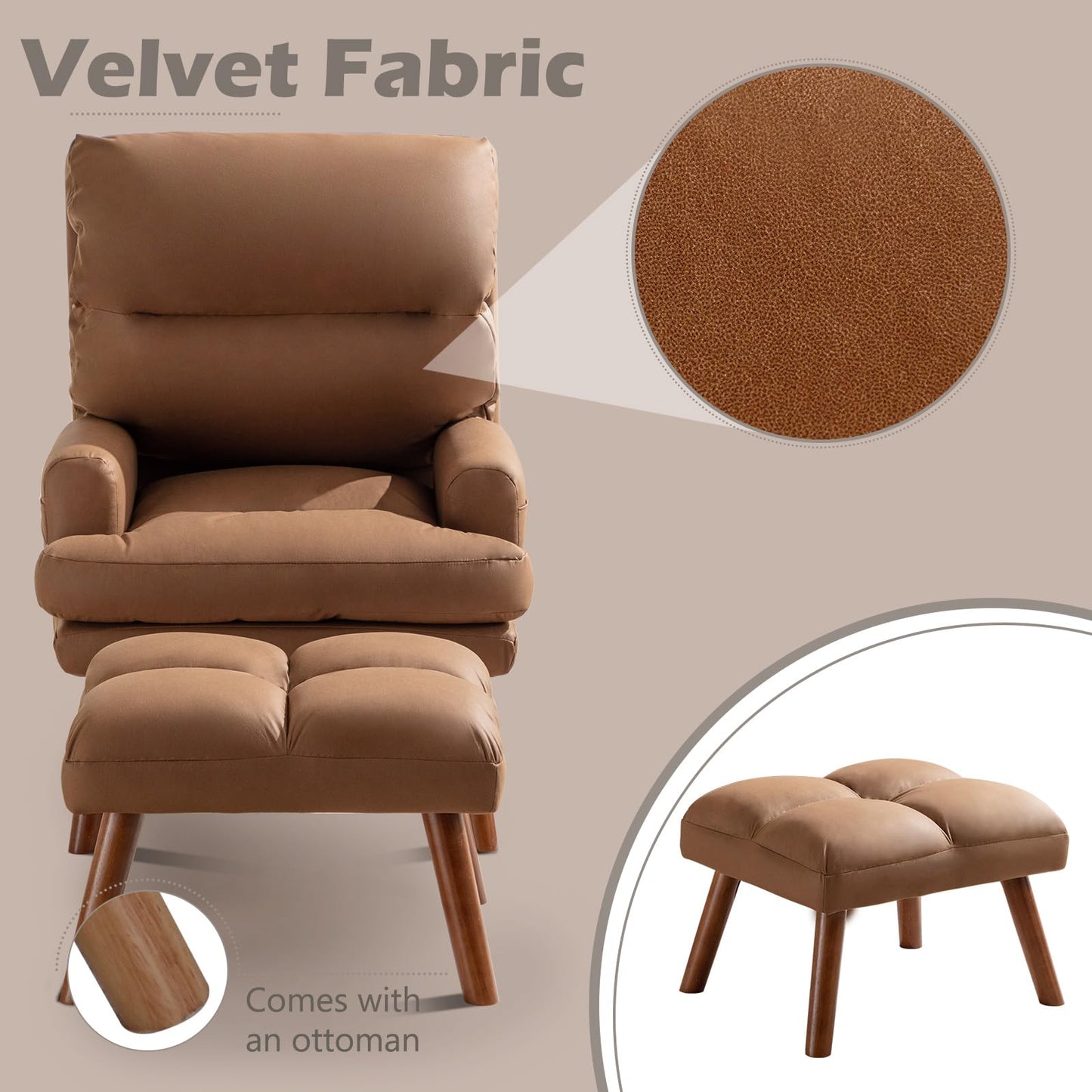 IOMOR Accent Chair with Ottoman Comfy Reading Chair Armchair with Adjustable Backrest and Side Pockets Soft Fabric Leisure Sofa for Bedroom, Living Room, Dorm Rooms, Garden, Beige