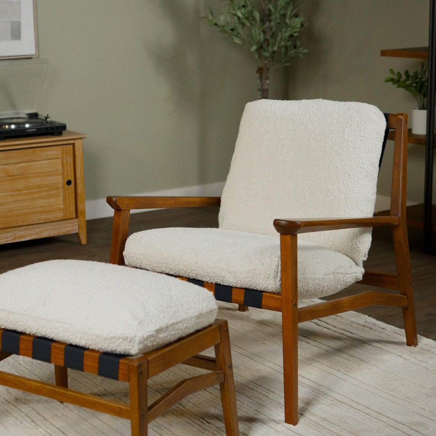 Grain Wood Furniture Solid Wood Mid Century Lounge Chair with Stone Gray Cushions