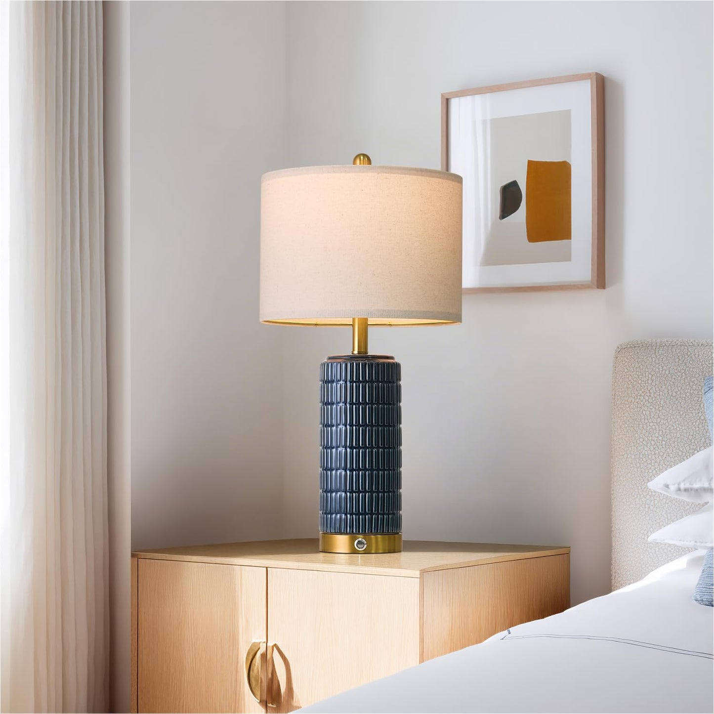 PoKat Touch Bedside Table Lamps with USB Ports for Bedroom Living Room, 25'' Dimmable Nightstand Touch Lamps for Living Room, Modern Ceramic Lamps for Night Stands Bedroom, Office, White and Beige