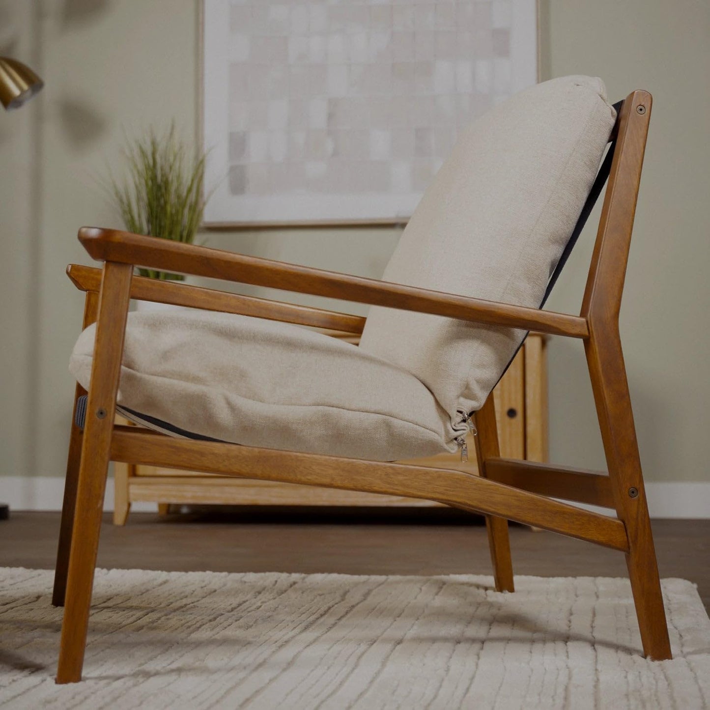 Grain Wood Furniture Solid Wood Mid Century Lounge Chair with Stone Gray Cushions