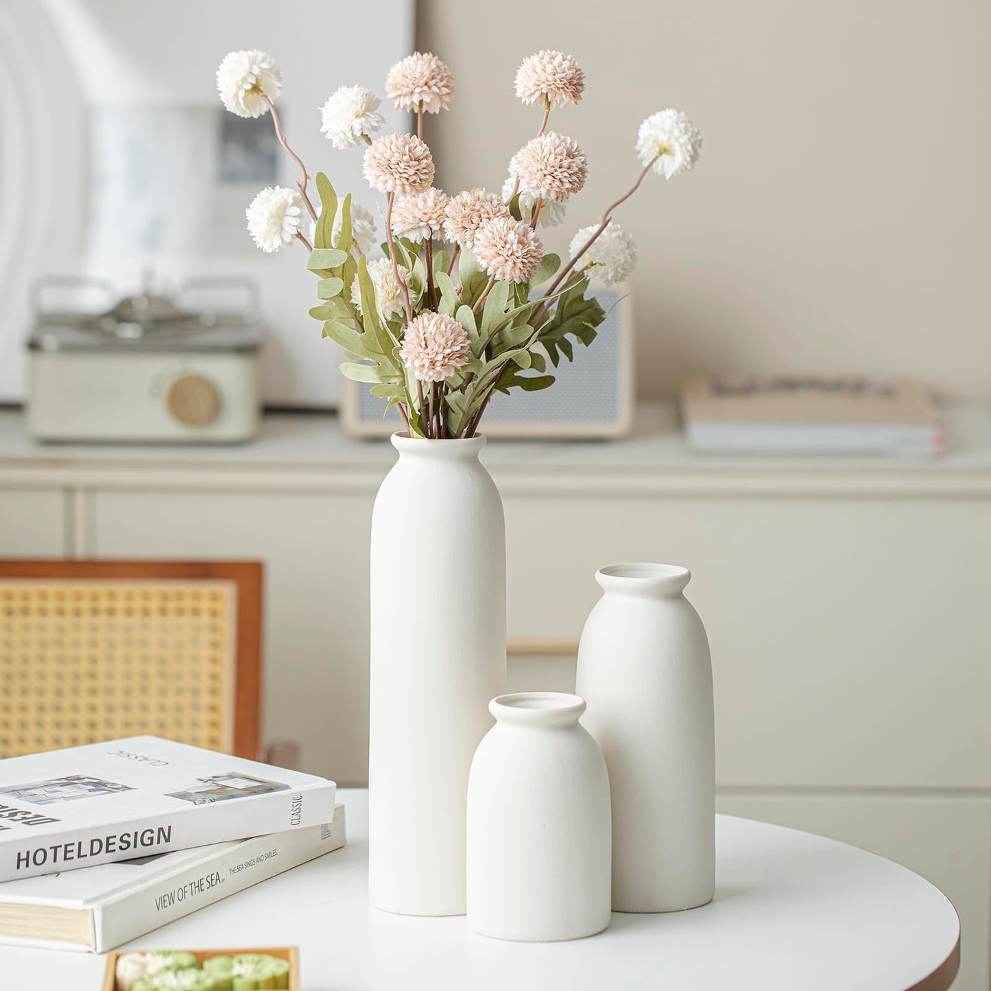 Ceramic Vase Set-3, Small Flower Vases for Decor, Modern Boho Farmhouse Style, Decorative Vases for Pampas Grass & Dried Flowers, Distressed Finish (Beige)