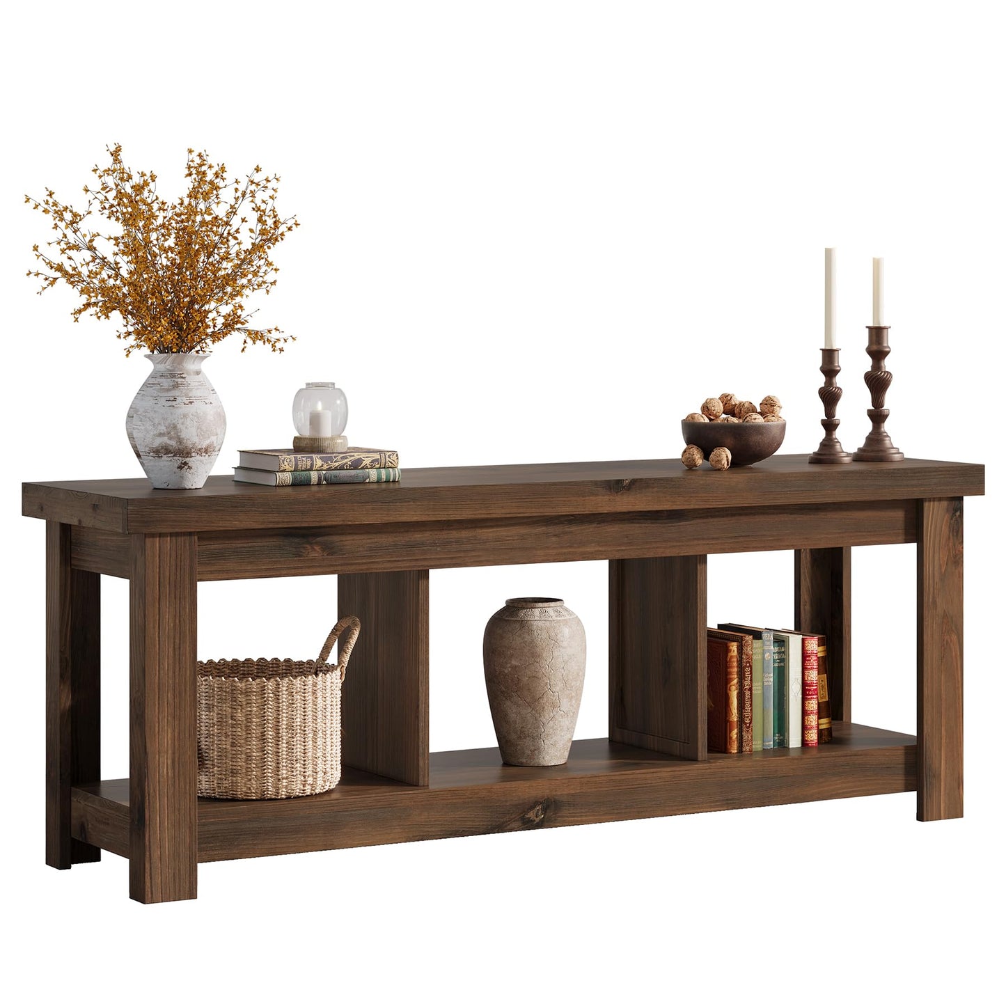 Solid Wood Console Table, 63-Inch Entryway Table with Storage, Long Wooden Sofa Table Behind Couch for Entryway, Hallway, Foyer, Living Room, Natural Wood