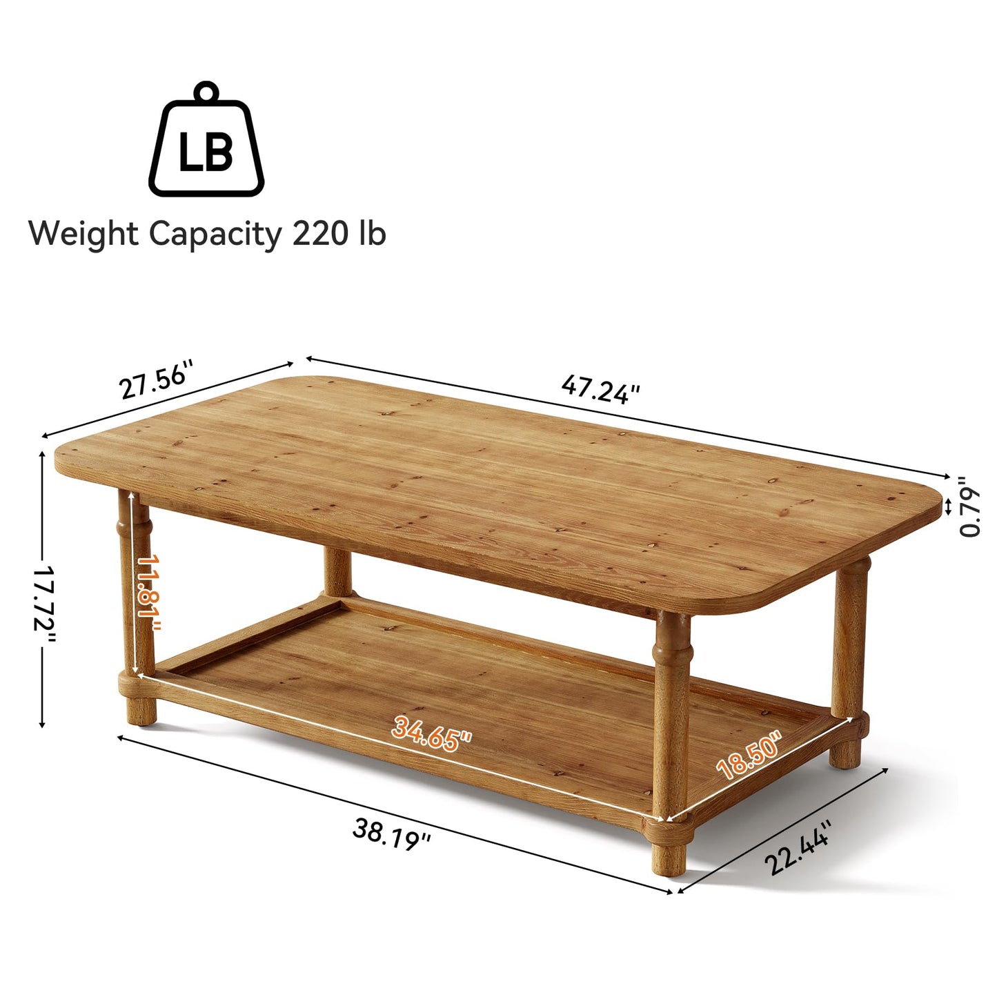 47" Rectangle Coffee Table, Solid Wood Center Table with 2-Tier Storage, Modern Farmhouse Coffee Furniture for Living Room, Home & Family Room, Light Brown