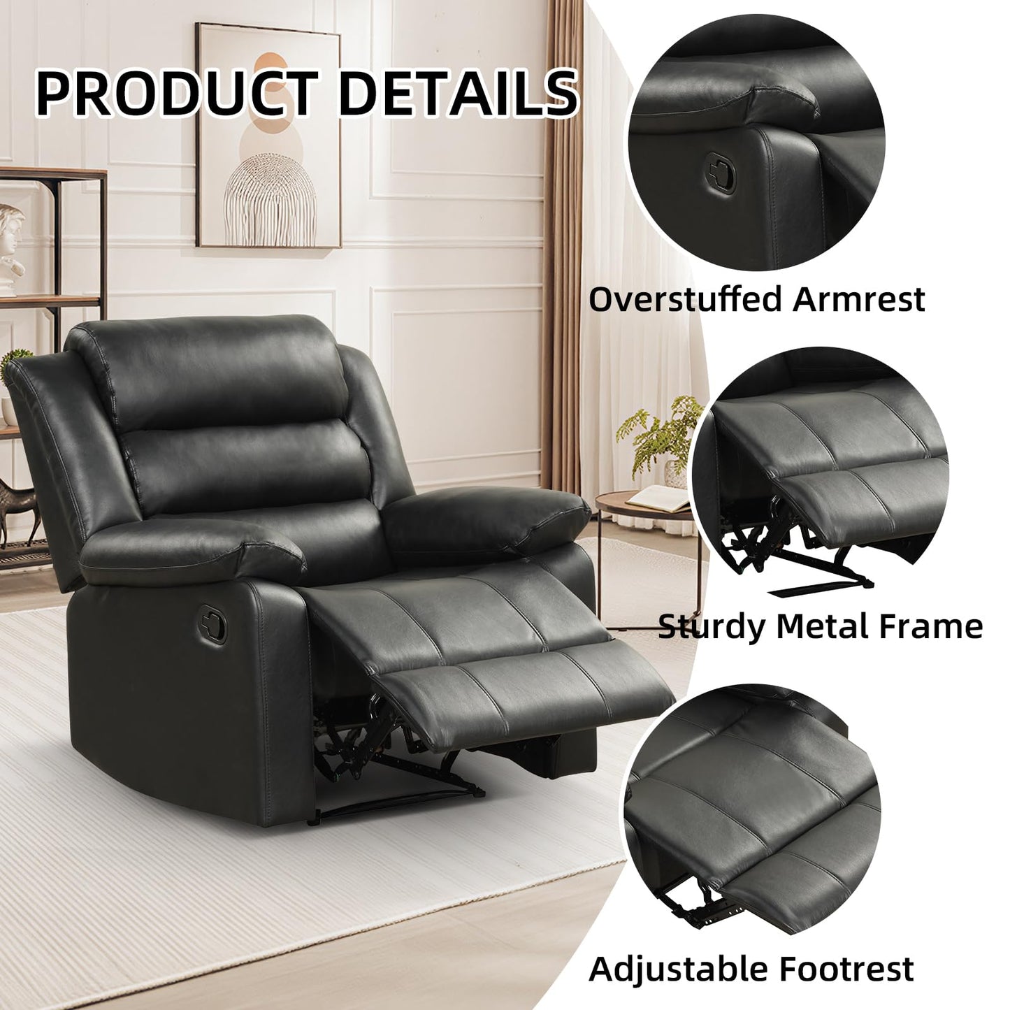 IOMOR Manual Recliner Chair with Overstuffed Arm and Extra-Padded Back, Breathable PU Leather Reclining Chair for Adults, Single Sofa for Living Room, Bedroom (Dark Brown)