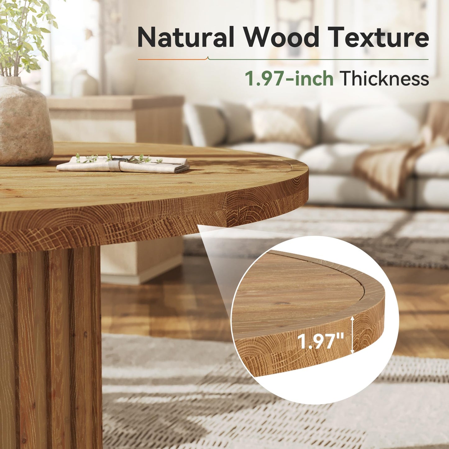 47" Solid Wood Dining Table for 4-6, Farmhouse Round Kitchen Table with Striped Pedestal Base, Circle Wooden Dining Room Furniture for Kitchen Living Room, Wood Tabletop+MDF Pedestal Base