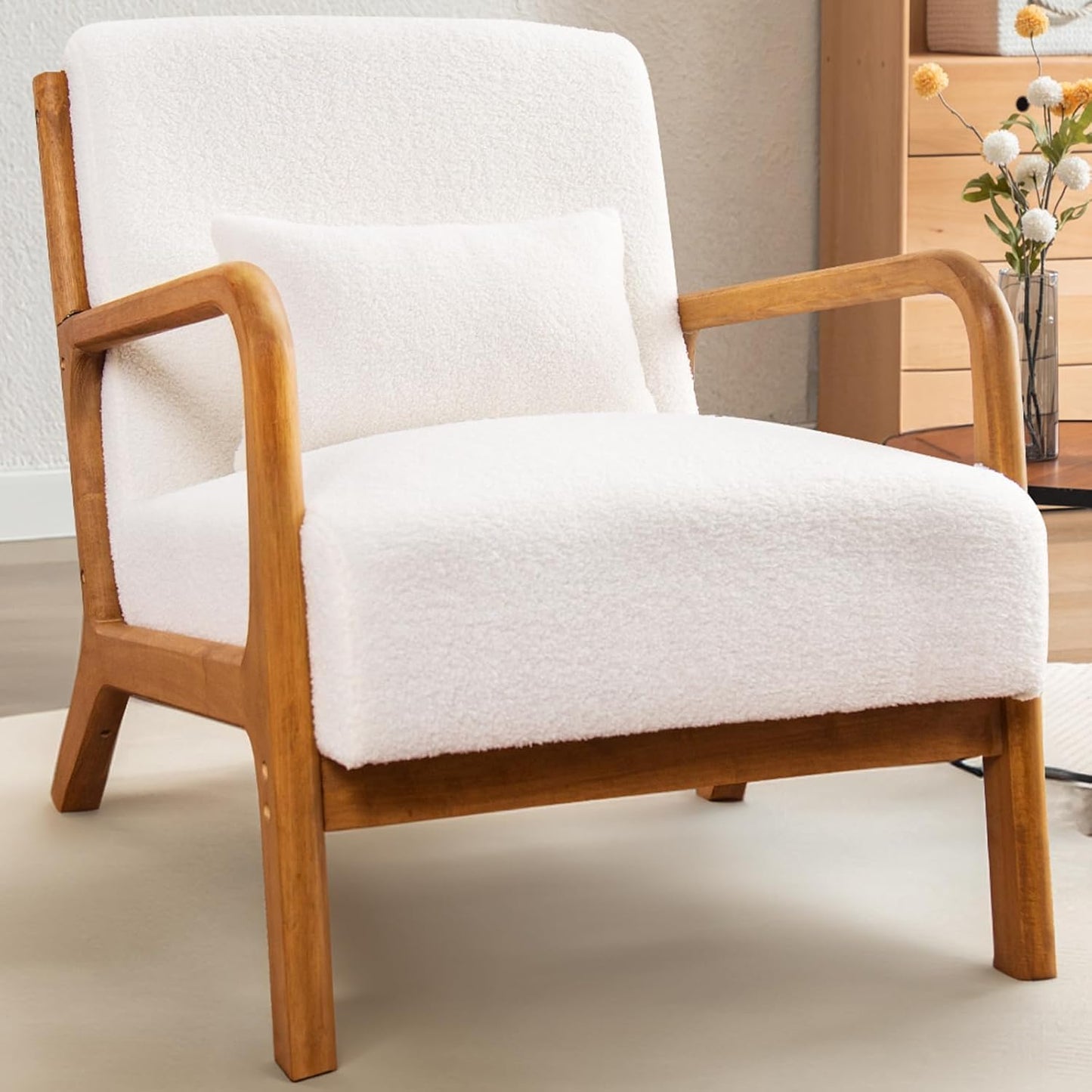 IOMOR Accent Chair Mid Century Modern Chair Linen Fabric Living Room Chairs with Solid Wood Frame Comfy Upholstered and Lumbar Pillow Reading Side Chair Easy Assembly for Bedroom Room (1, Linen Green)
