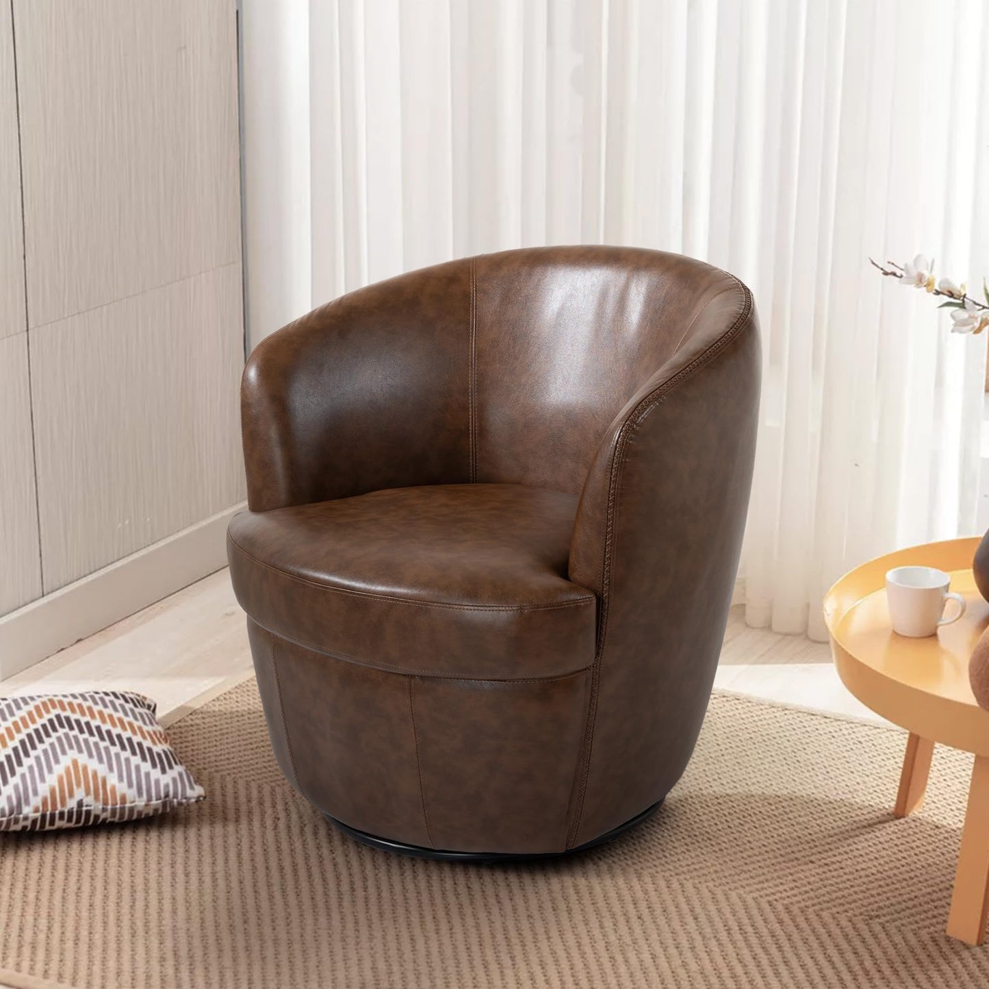 360° Swivel Barrel Accent Chair, Faux Leather Round Swivel Chair for Living Room, Comfy Upholstered Armchair Single Sofa Club Chair for Bedroom Reading Room, No Assembly Required - Light Brown