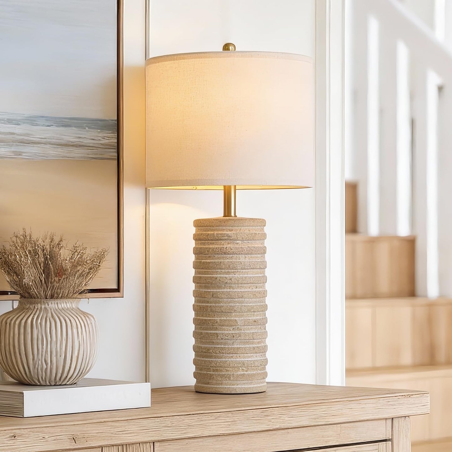 PoKat 27'' Farmhouse Table Lamps Set of 2 for Living Room, Stone-Like Bedside Lamp for Bedroom, Boho Ceramic Tall Lamps for Nightstand Office Sideboard Entryway Distressed (Antique Beige)