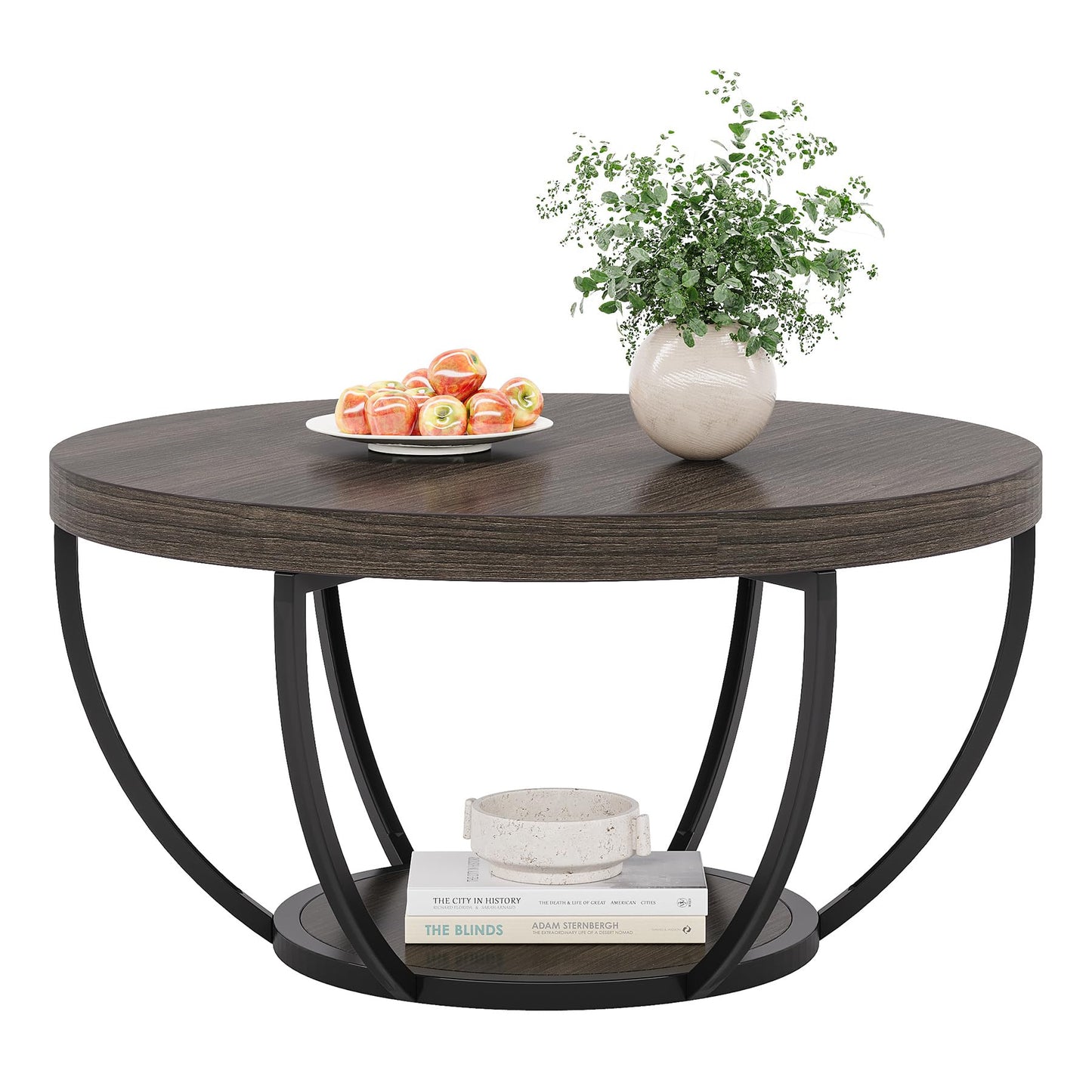 Tribesigns Round Coffee Table, 31.7" Wooden 2-Tier Circle Coffee Table with Storage Shelves, Modern Accent Cocktail Table Center Table for Living Room, Grey