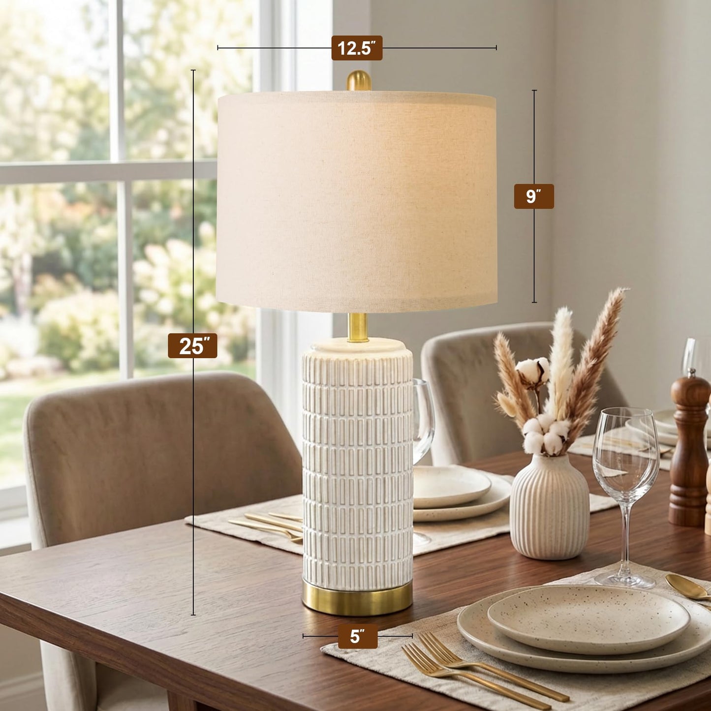 PoKat Small Bedside Table Lamps Set of 2 for Bedroom Living Room, 21.5'' Modern Ceramic Nightstand Lamps with Gold Base, Farmhouse Table Lamps for Office End Side Table Console, White and Beige