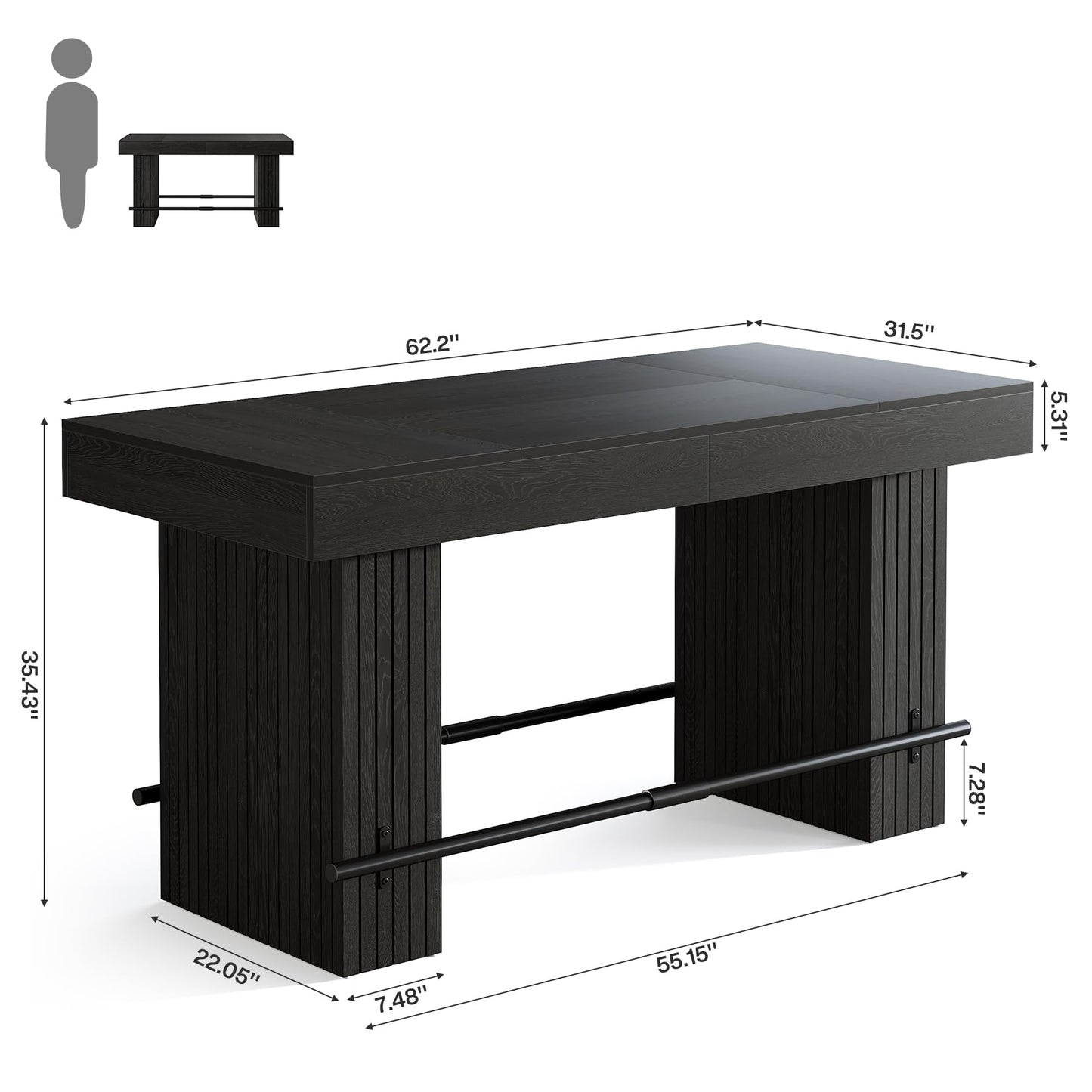 Tribesigns 62.2 Inch Bar Table, Industrial Counter Height Pub Dining Table, Rectangular Home Bar Units with Metal Footrest for Home Kitchen, Dining Room, Bistro, Brown and Dark Grey