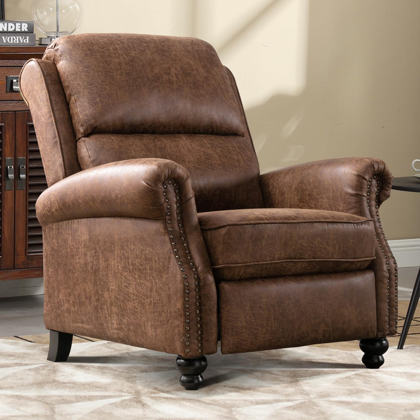IOMOR Push Back Recliner Chair Faux Leather Lounge Armchair with Rivet Decoration Wingback Single Sofa Chair with Padded Seat Solid Wood Legs for Living Room, Comfy Upholstered, Red Brown