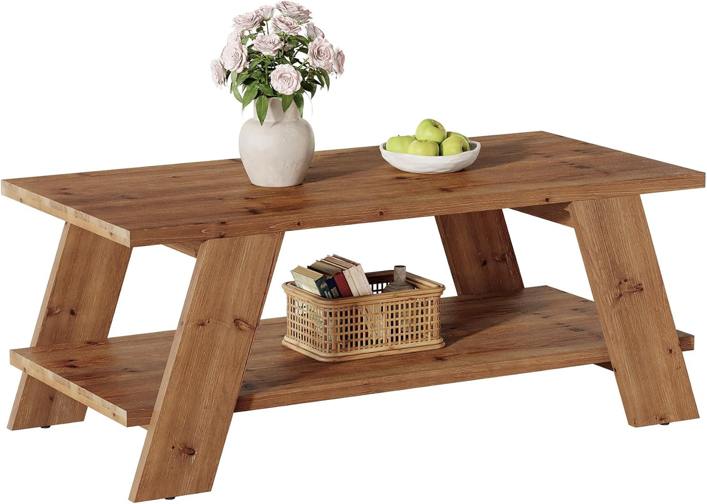 47-Inch Solid Wood Coffee Table for Living Room, 2-Tier Rectangle Center Table with Storage Shelf, Farmhouse Rustic Living Room Furniture, Brown