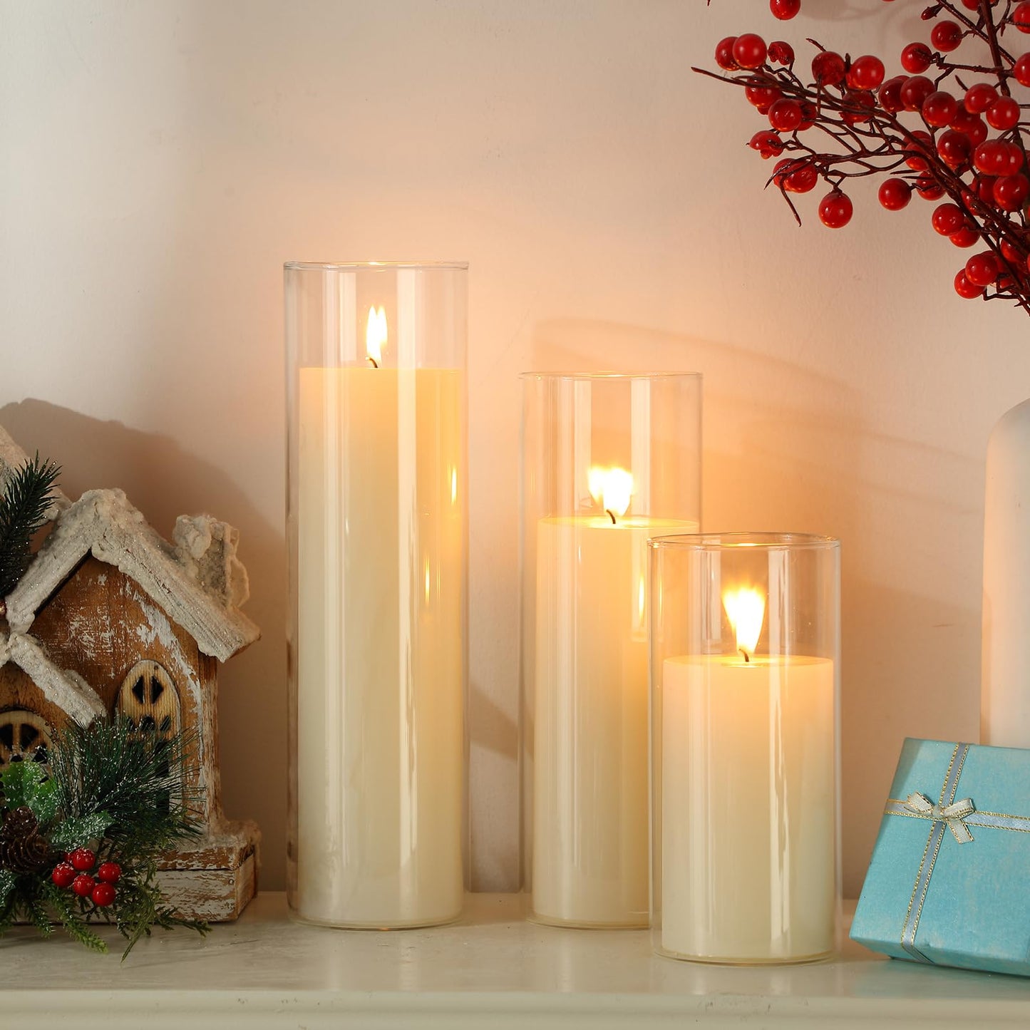 Shihanee Set of 3 Pillar Candles and 3 Glass Cylinder Candle Vases Holders Clear Pillar Jars for Wedding Centerpieces(3'' x 5.9'', 7.9'', 9.8'',Ivory White)