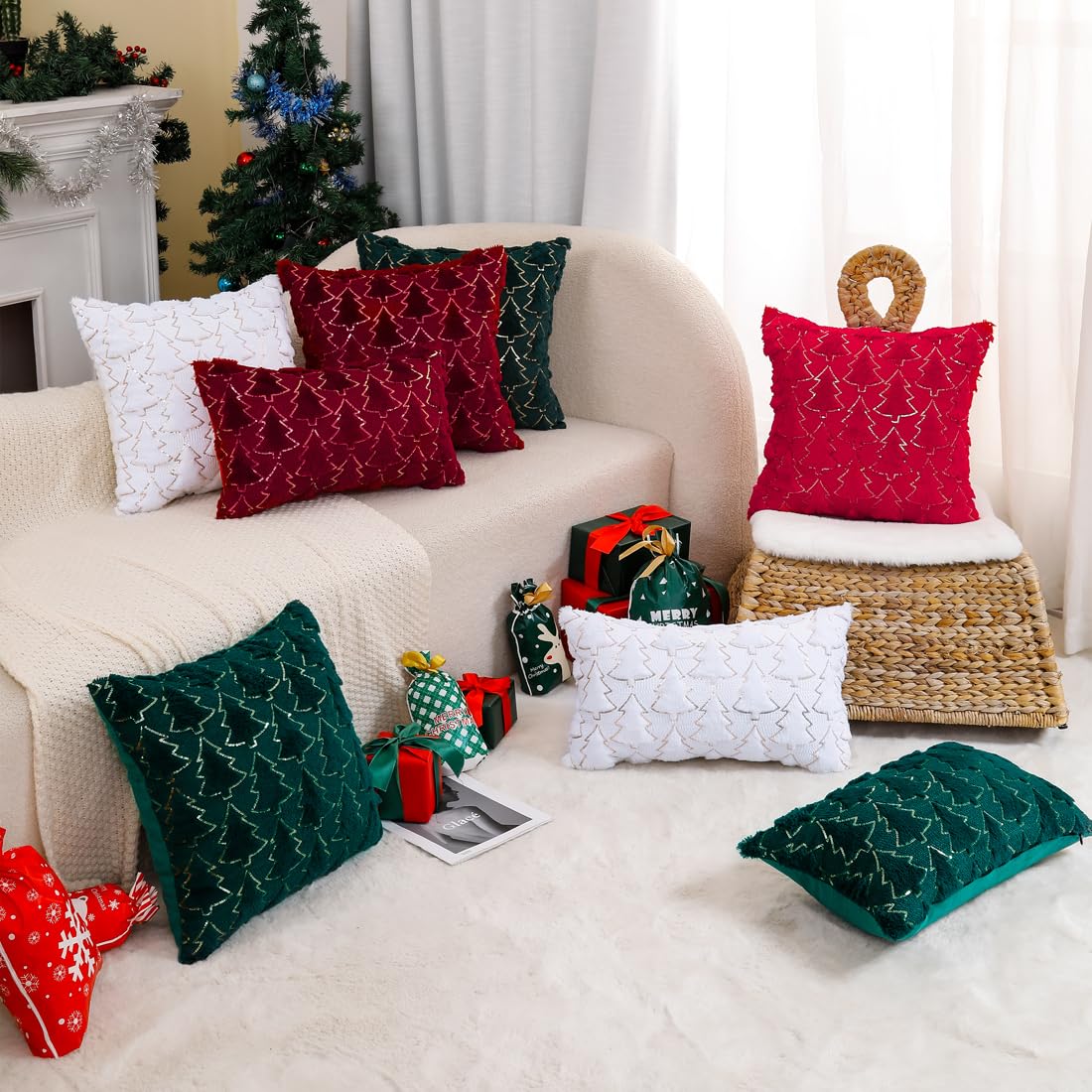 VAKADO Christmas Throw Pillow Covers 18x18 Set of 2 Embroidered Decorative Xmas Couch Cushion Cases Holiday Soft Home Decor for Bedroom Sofa Chair Porch Winter, Cream