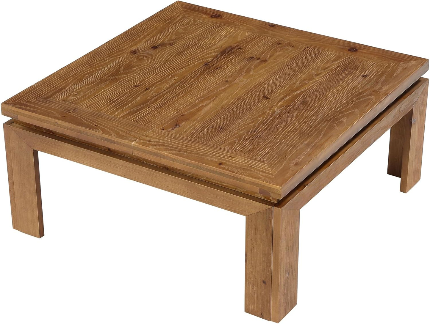Solid Wood Square Coffee Table, 39.4" x 39.4" Farmhouse Cocktail Center Table with Recessed Edge Design, Easy Assembly, Living Room, Natural Brown