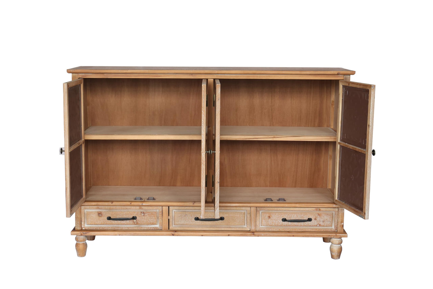LKTART 60" Farmhouse Sideboard Buffet,Solid Fir Wood Frame with Hollowed-Out Carved Doors,Hand-Distressed Design,Versatile Storage Cabinet for Kitchen, Living Room,Natural Wood