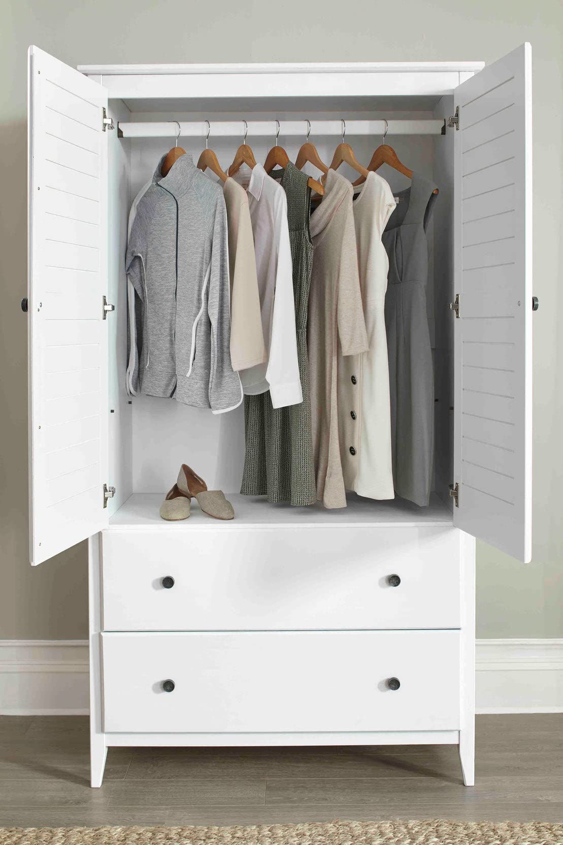 Grain Wood Furniture Greenport 2-Door Wardrobe, Solid Wood with a Brushed Walnut Finish