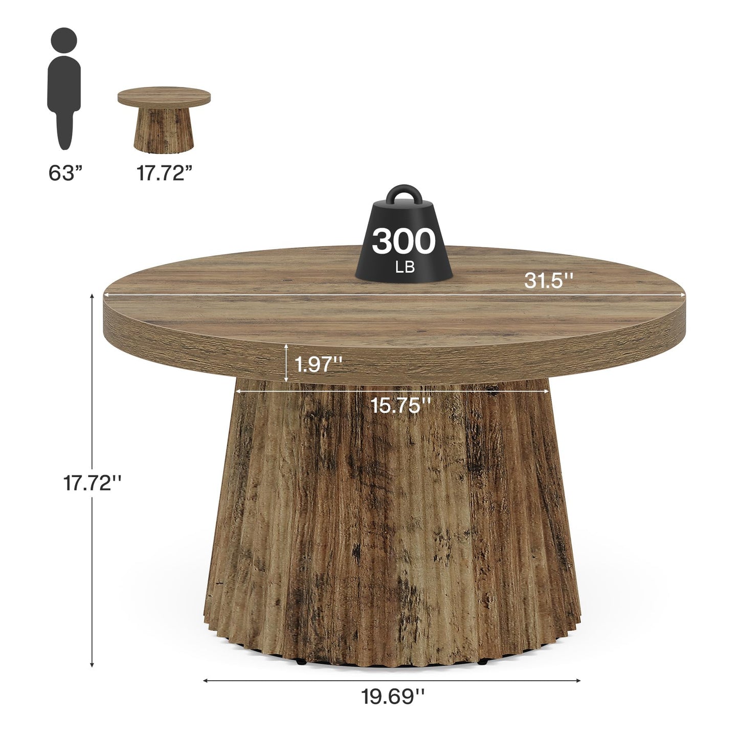 Tribesigns Coffee Table, 31.5" Small Farmhouse Round Coffee Tables with Fluted Drum Base, Mid Century Modern Boho Accent Center Table for Living Room, Apartment, Small Space, Brown