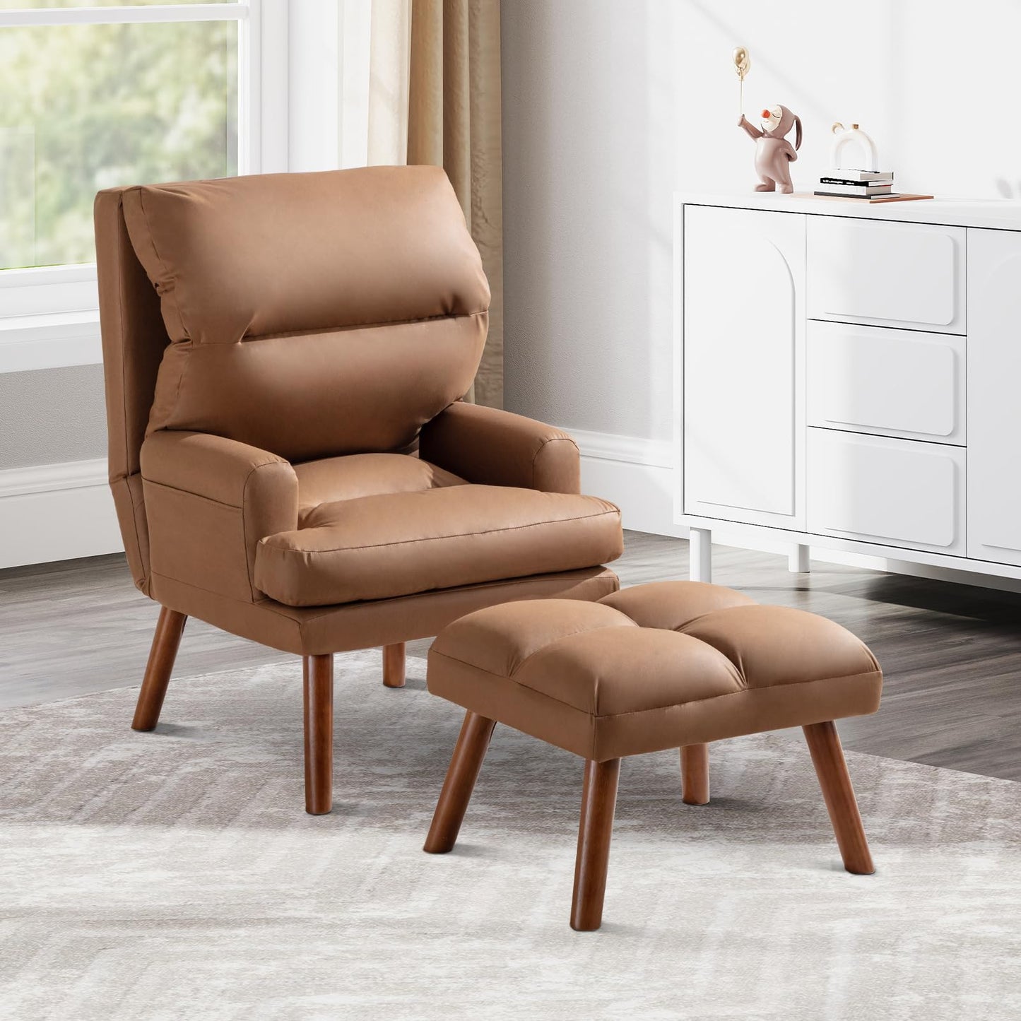 IOMOR Accent Chair with Ottoman Comfy Reading Chair Armchair with Adjustable Backrest and Side Pockets Soft Fabric Leisure Sofa for Bedroom, Living Room, Dorm Rooms, Garden, Beige