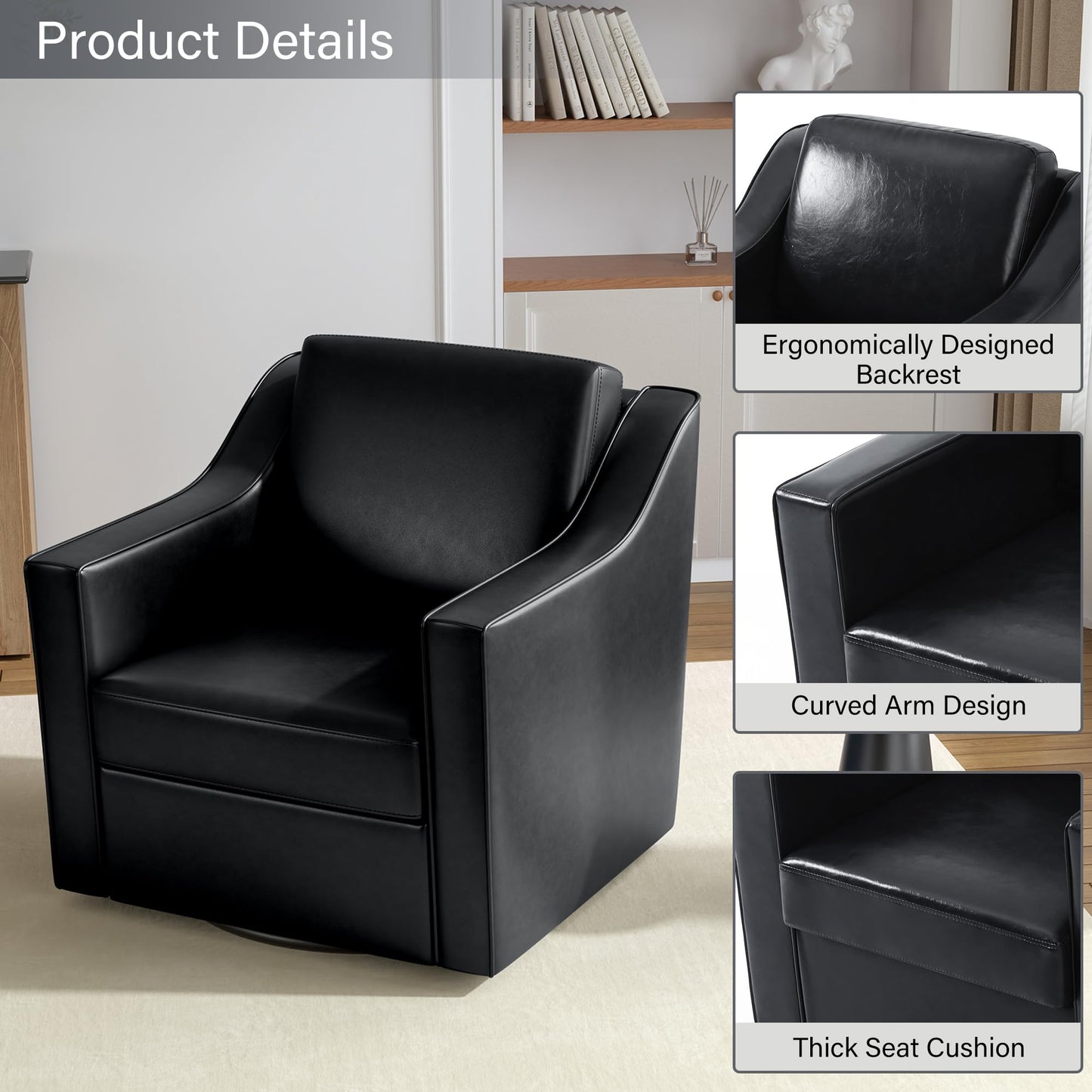 Swivel Accent Chairs Set of 2, 360° Swivel Upholstered Faux Leather Club Armchairs for Living Room, Comfy Single Sofa Reading Chair with Deep Seat, Metal Swivel Base, Coffee