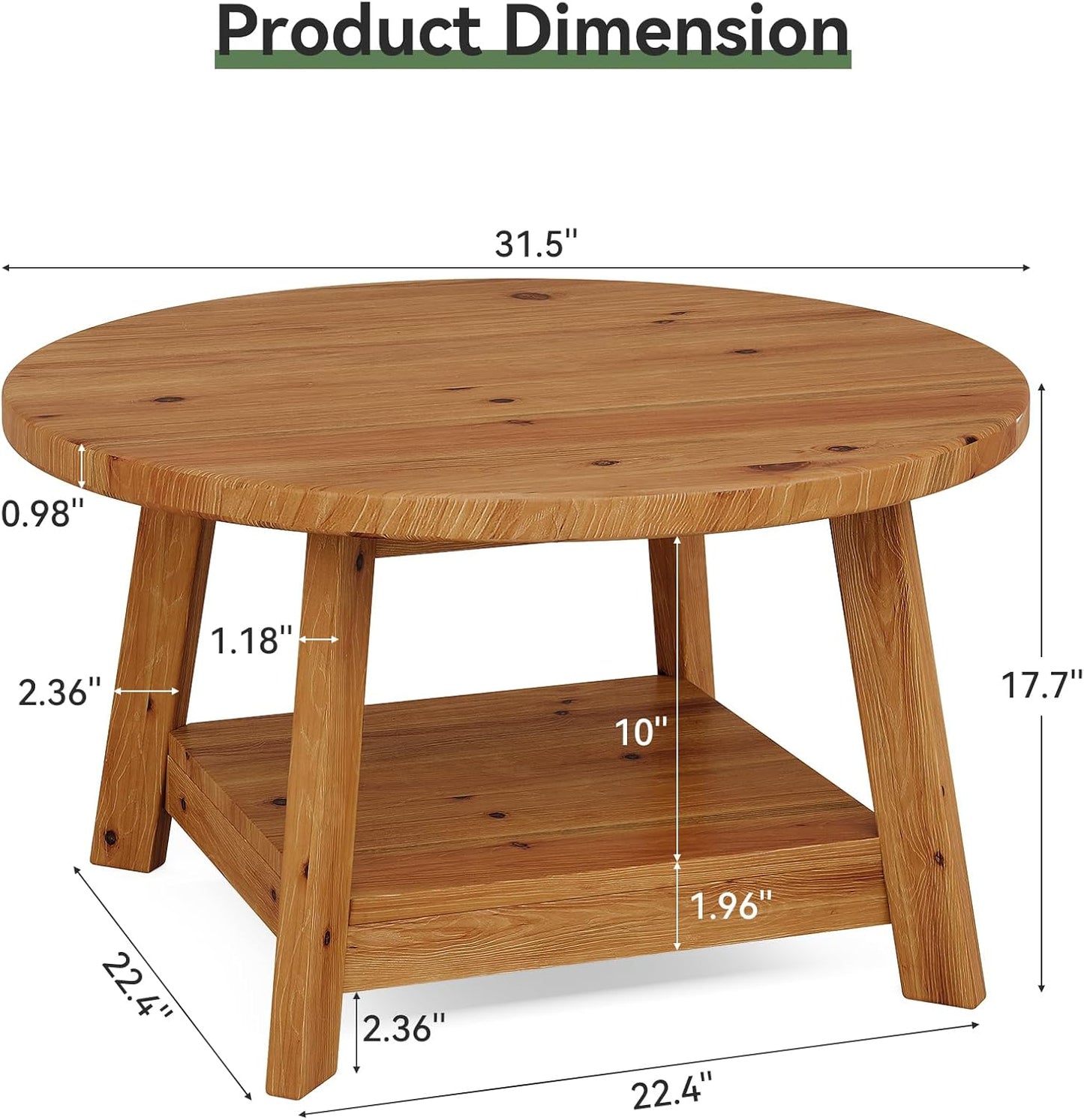Solid Wood Round Coffee Table for Living Room, 31.5” Farmhouse Wooden 2-Tier Circle Center Cocktail Accent Table with Storage Shelf and Tapered Legs for Apartment, Small Space, Brown