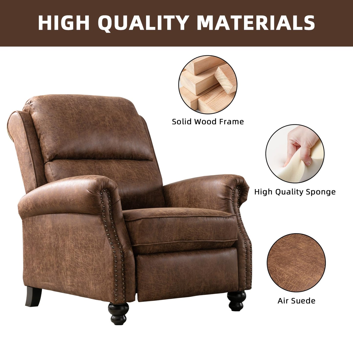IOMOR Push Back Recliner Chair Faux Leather Lounge Armchair with Rivet Decoration Wingback Single Sofa Chair with Padded Seat Solid Wood Legs for Living Room, Comfy Upholstered, Red Brown